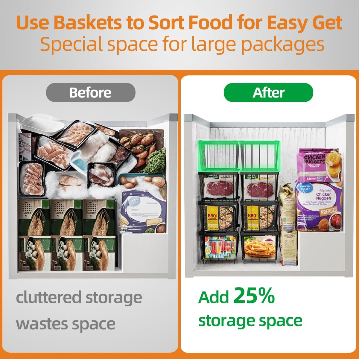 Kitment 5-Pack Stackable Chest Freezer Organiser, Fridge Organiser Basket, Deep Freezer Bins, Pantry Organiser, with Handles, for Chest & Upright Freezers, for Frozen Meat, Vegetables & More