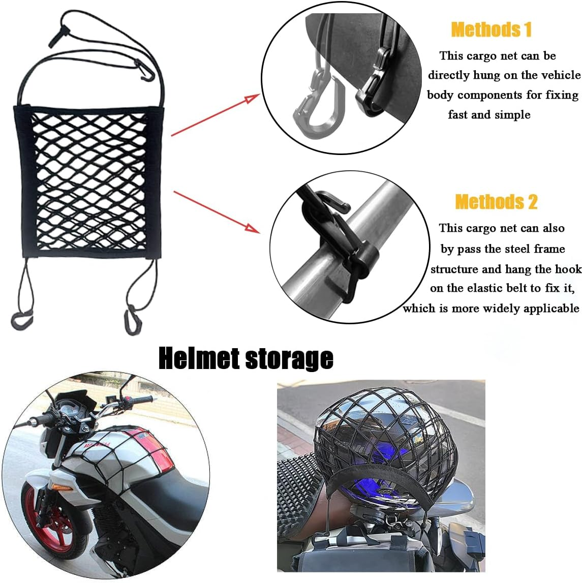 ZMD 2PCS Small Cargo Net for Motorcycle Helmet Storage, 11"X9.8" High-Elastic Double Layer Bungee Net with 4 Strong Hooks, Luggage Strap Rack Expansion Organizer Net Pocket for Motorbike Trike Cycle image number 6