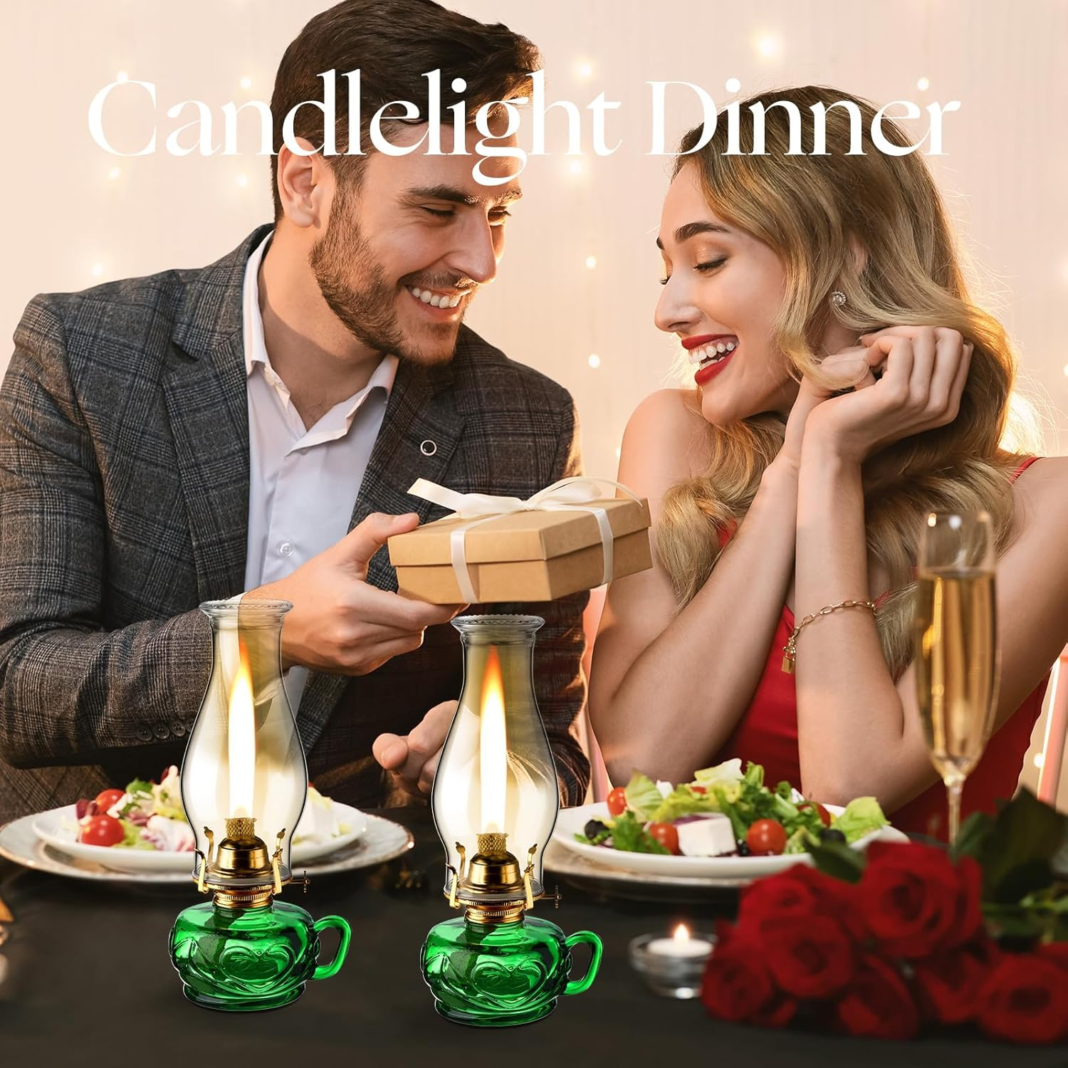 Yahenda 2 Pcs Chamber Oil Lamp Classic Kerosene Lamp Lantern Vintage Oil Lantern Decorative Antique Hurricane Lamp with Adjustable Fire Wick for Home Indoor Use, 12.6 Inch Height (Green,Gold) image number 4