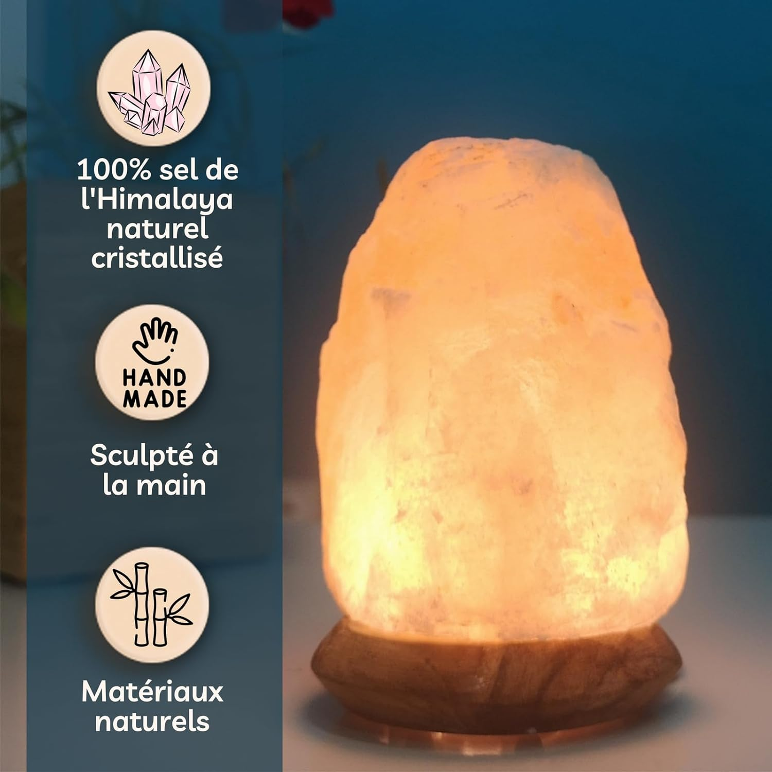Himalayan Rock Crystal Salt USB Lamp - 100% Authentic Natural Crystal Himalayan Salt - Hand Carved - Wooden Base - USB Power Cable Included - Approximately 500G - Zen'Light image number 4