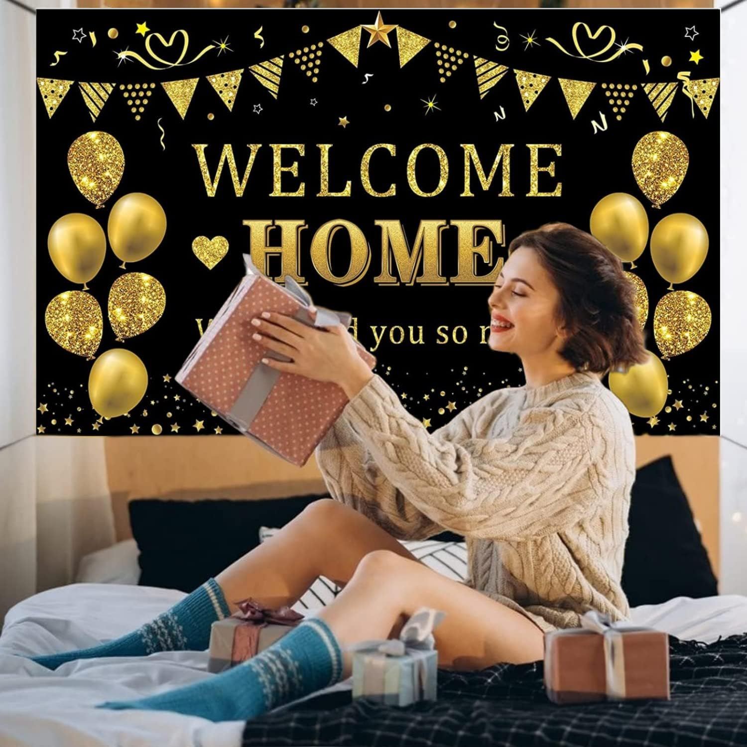 Yuanbigtai Welcome Home Banner Decorations, Black Gold Welcome Home Backdrop, We Missed You so Much Party Decor, Family Reunion Patriotic Military Homecoming Returning Party Supplies 70.8 X 43.3 Inch image number 2