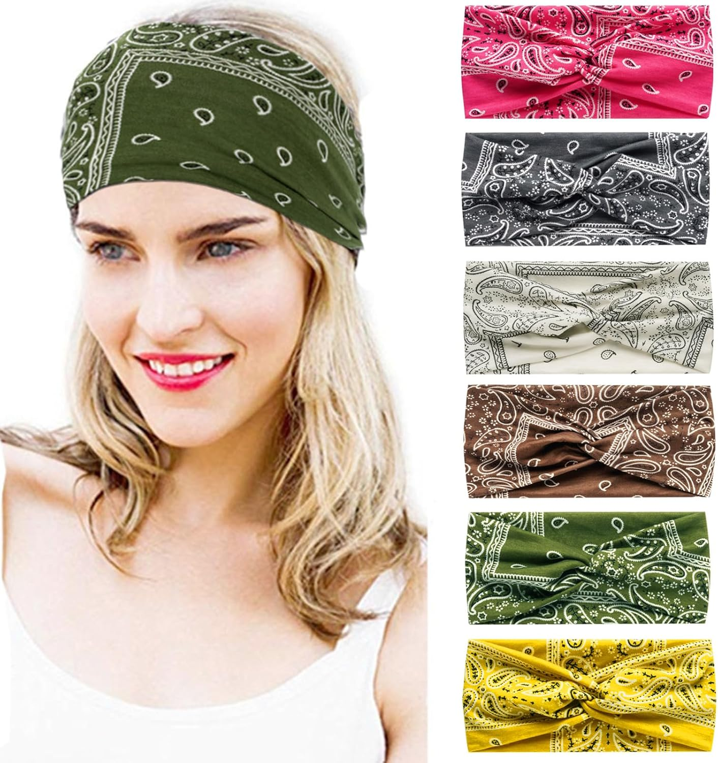 6Pcs Bandana Headbands for Women Wide Wavy Headscarf Boho Head Scarfs Wraps Turban Fabric Elastic Headband Yoga Hairbands Sport Running Headscarves