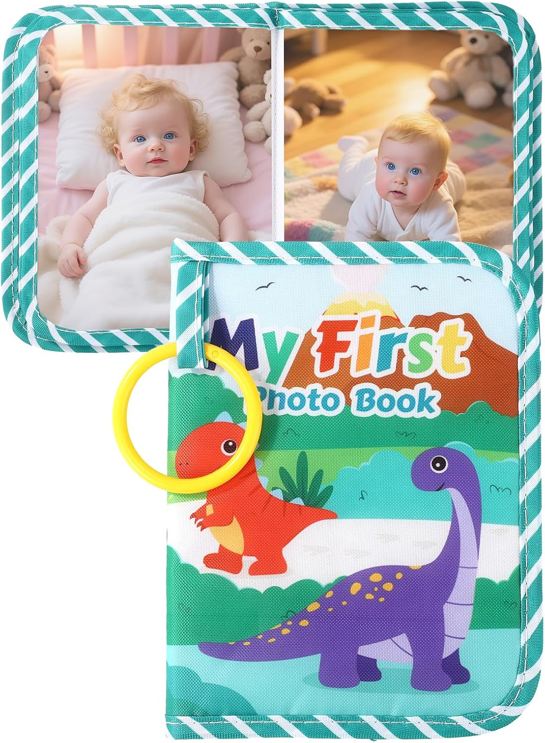 Baby Photo Albums, Soft Cloth My First Photo Book for Newborns Toddlers Holds 4X6" Pictures Dinosaur Style Family Memory Book with Mirror & Hook for Baby Shower