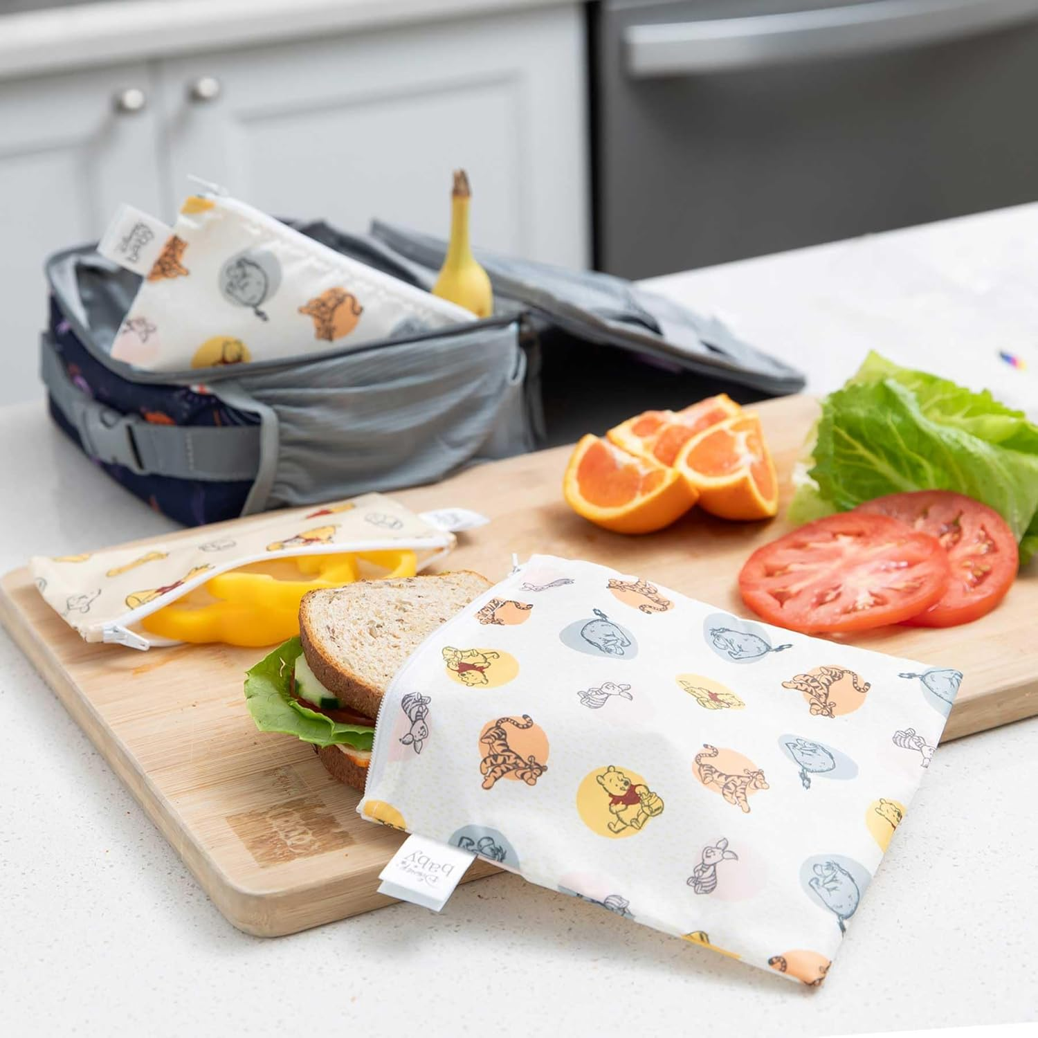 Bumkins Sandwich Bags/Snack Bags, Reusable Fabric, Washable, Food Safe, BPA Free - Disney Pooh Bear and Friends (3-Pack) (SB3-DWP20) image number 3