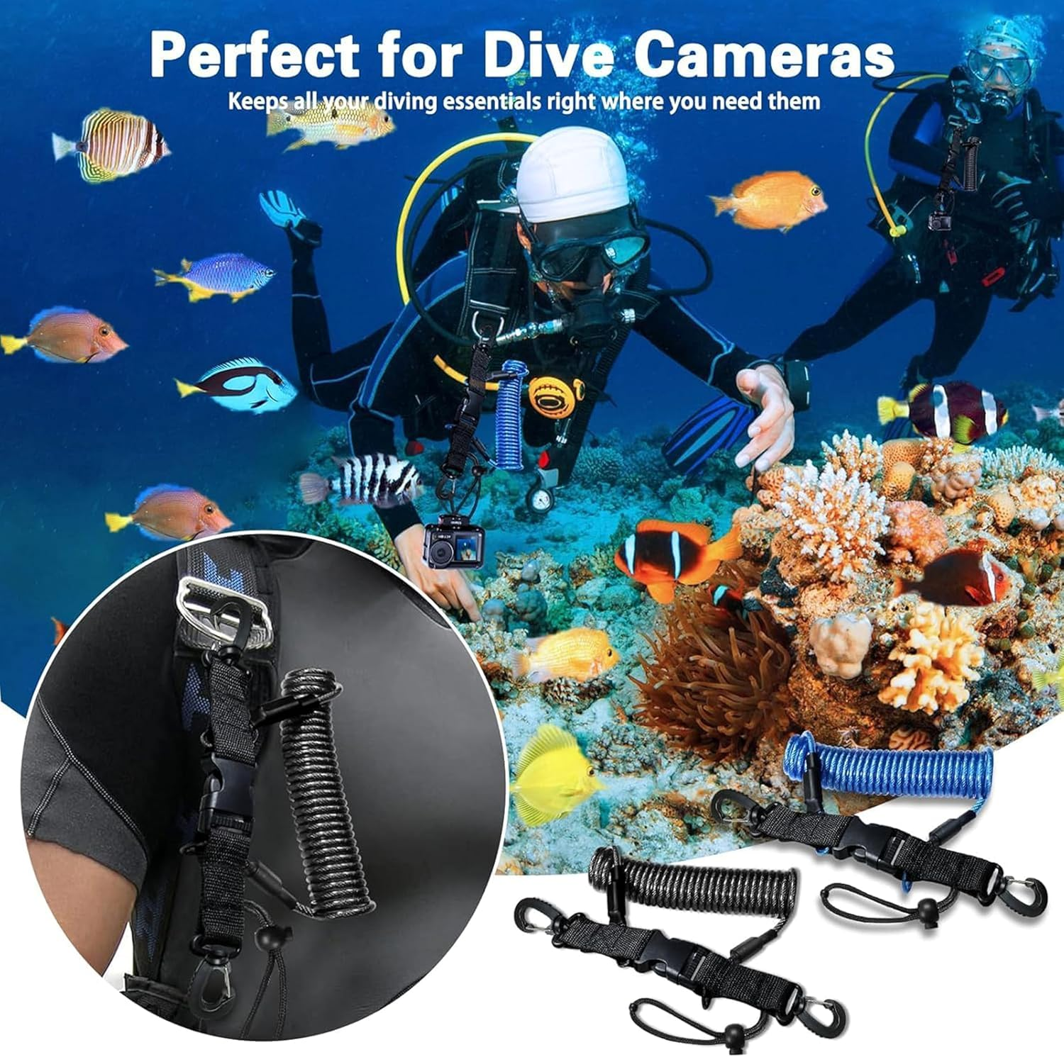 Heavy-Duty Scuba Lanyard Set (2-Pack) | Quick-Release Coiled Leash for Underwater Cameras/Lights | Corrosion-Proof Clip & Webbing Strap