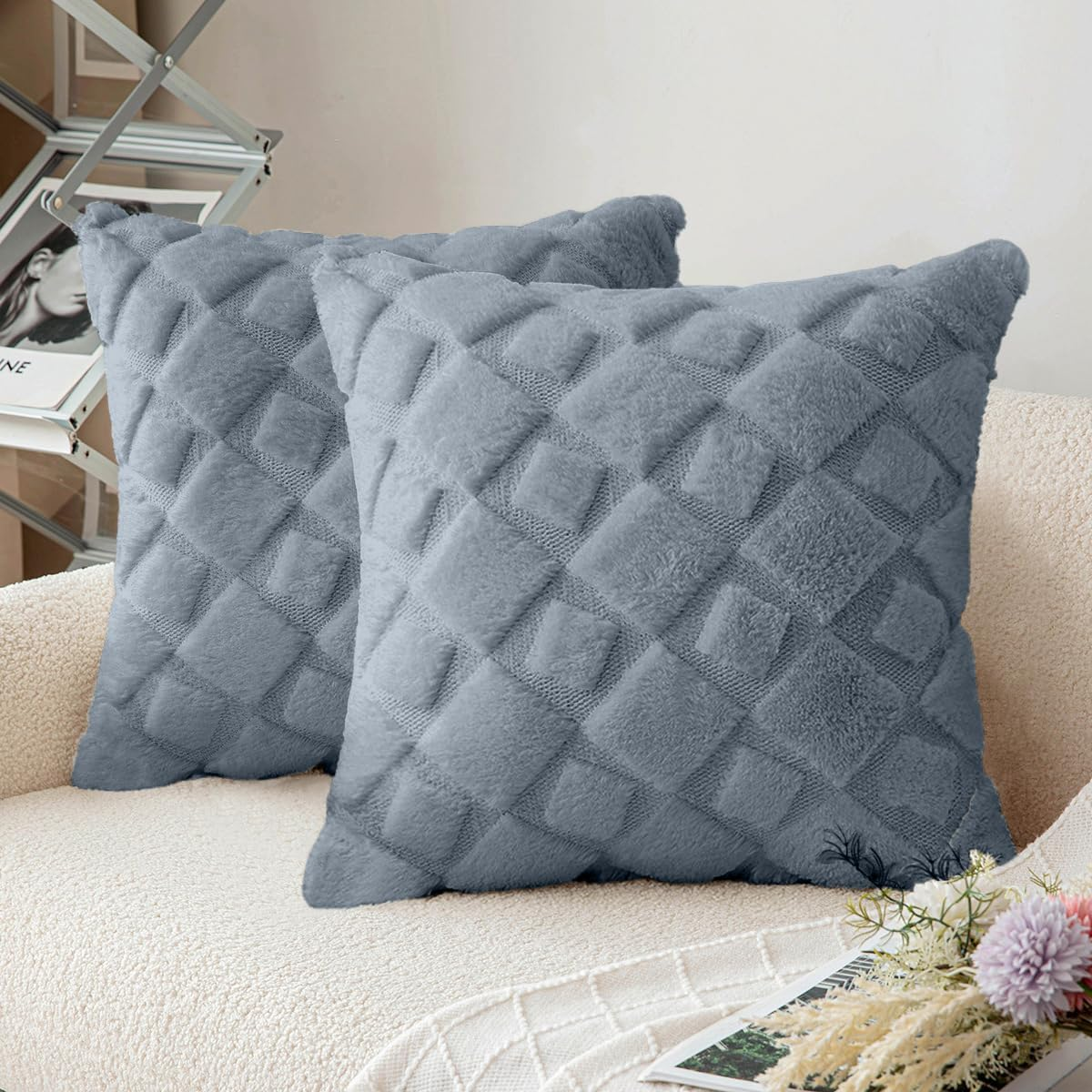 2Pcs Soft Faux Fur Throw Pillow Covers 18X18 - Plush Short Wool Velvet Decorative Pillow Covers - Couch Sofa Pillow Covers for Living Room - with 3D Plaid Pattern (White)