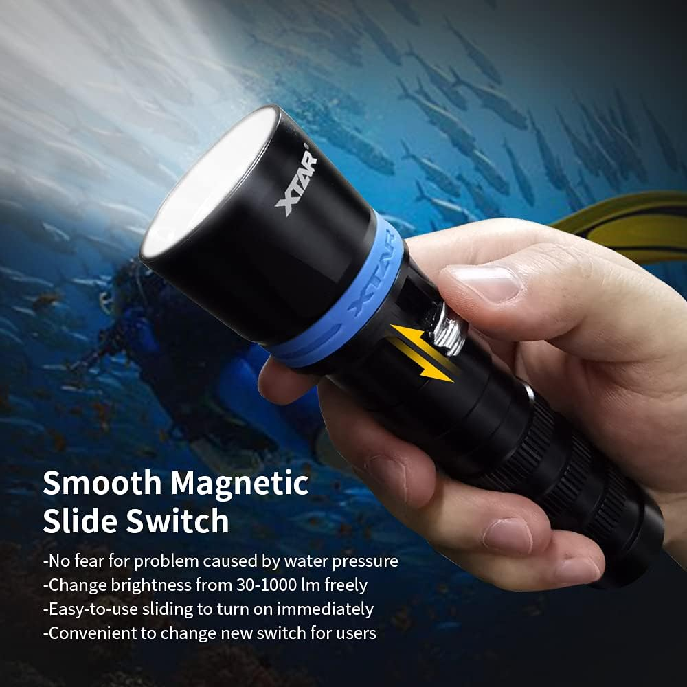 XTAR DS1 Scuba Dive Flashlight,Powerful Spearfishing Diving Torch 1000 Lumens,Magnetic Slide Switch, for Underwater 100 Meters Night Diving Spearfishing Hole Hunting Lobstering image number 6