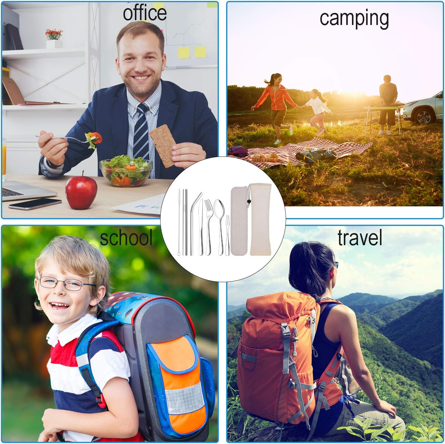 Hisredsun Portable and Reusable Stainless Steel Cutlery Set, 9-Piece Portable Flatware Set for Office, School, Camping and Travel. Including Knife/Fork/Spoon/Cleaning Brush/2 Straws/Fruit Fork/Wheat Straw Case/Mesh Bag image number 3