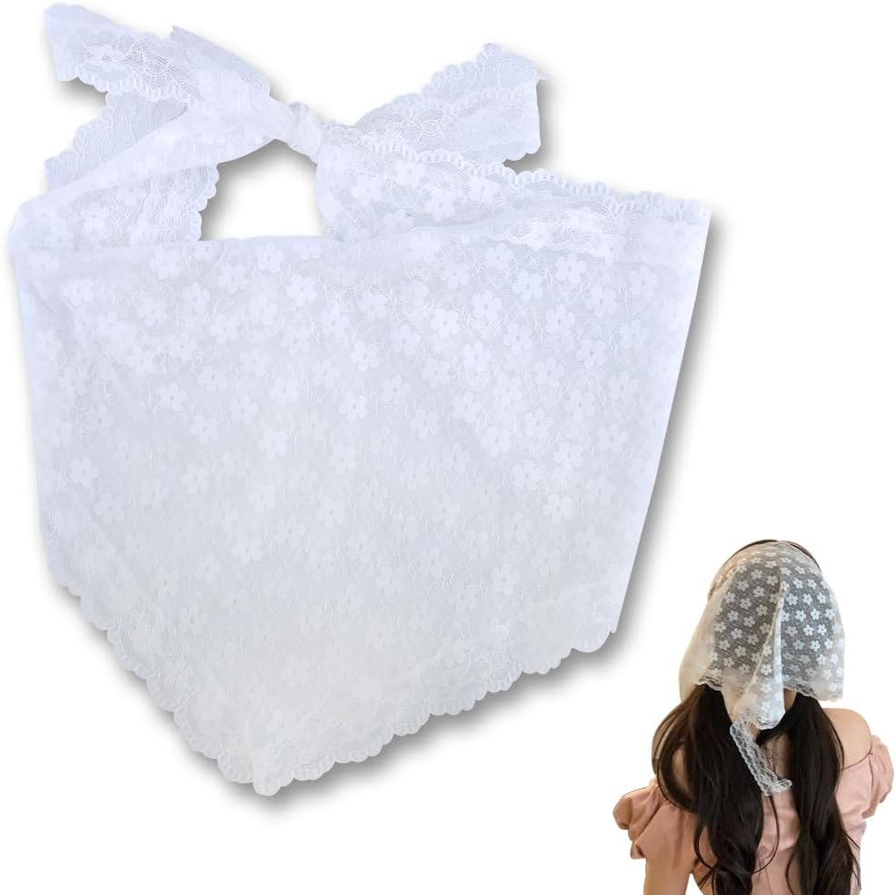 Lace Head Scarf for Women Girls Boho Flower Bandana Headband White Triangle Hair Scarfs Head Warp Lace Silk Headscarf Vintage Knit Hair Scarf for Short Long Hair Accessories image number 5