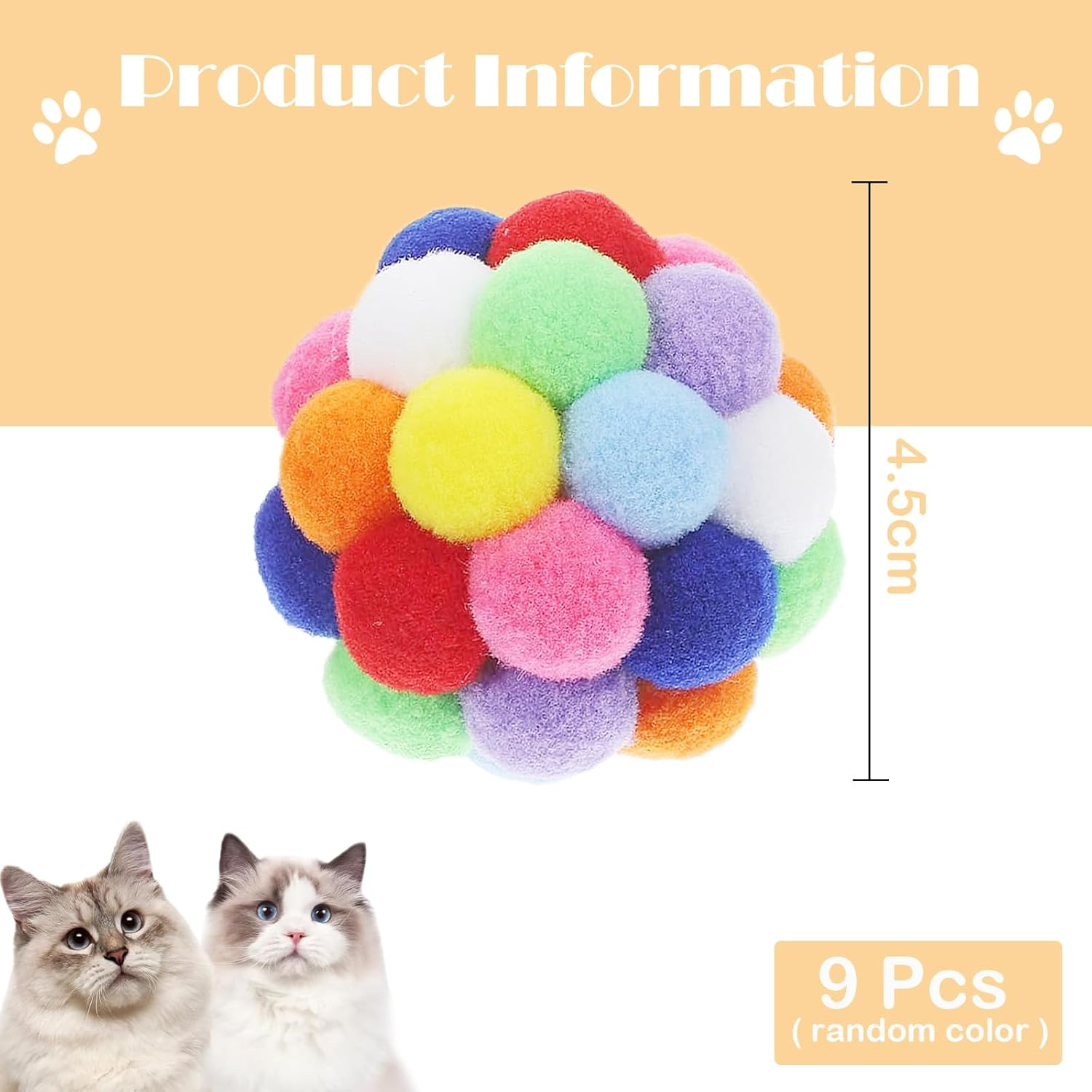 Vebetter Felt Balls for Cats, Pack of 9 Cat Toy Balls, Cat Toy, Felt Cat Balls, Soft Cat Balls, Kitten Pom Poms Ball, Cat Play Toy Indoor, Pompom Ball 4.5 Cm