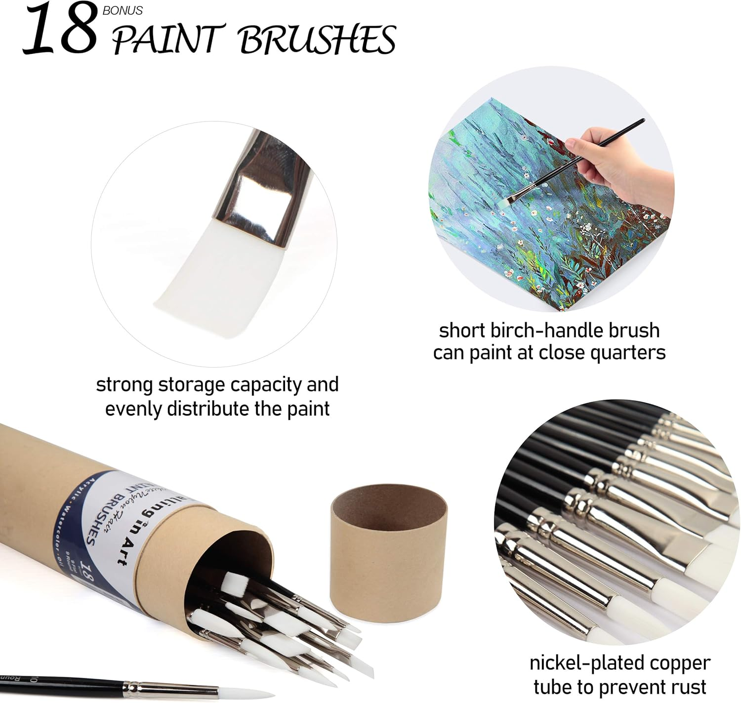 Falling in Art White Nylon Paint Brushes Set of 18 PCS for Acrylic, Oil, Watercolor Painting image number 3