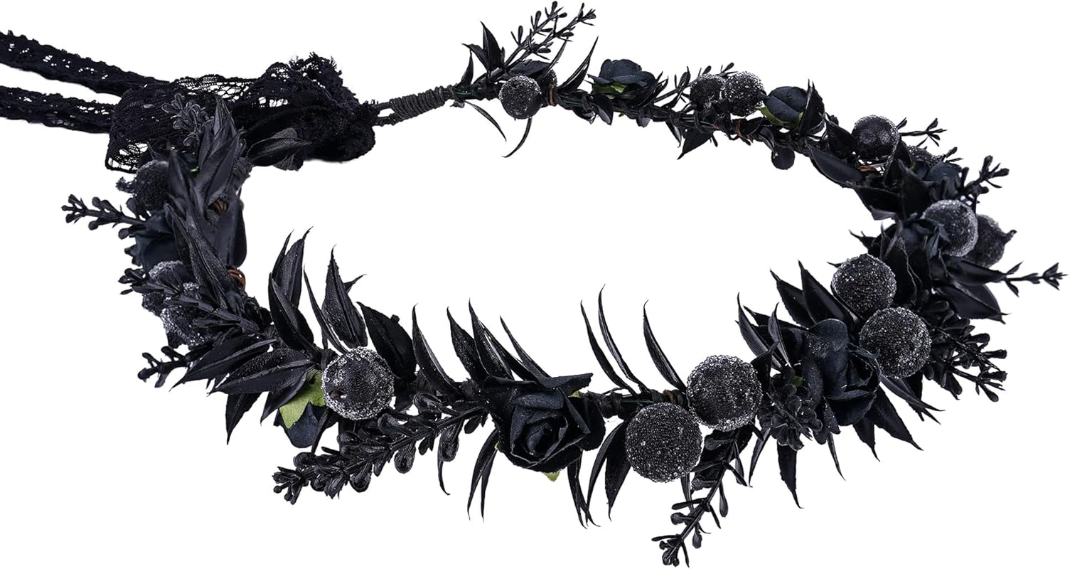 MOSTORY Black Floral Crown - Adjustable Gothic Flower Headpiece Dark Fairy Circlet Wreath Headband Medieval Decorations for Halloween Cosplay Carnival Renaissance Mardi Gras image number 2