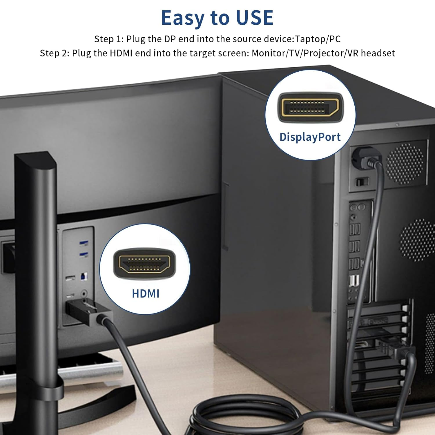 VANCLE for 4K Displayport to HDMI Cable, 1.8M Uni-Directional DP to HDMI Male Video 4K@30Hz/2K@60Hz, DP to HDTV Cord for Projector, Thinkpad, Dell, Monitor (Black, 1.8M) image number 1