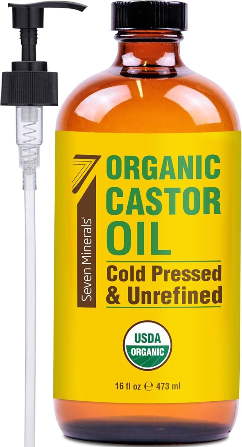 Seven Minerals NEW 16 Fl Oz Glass Bottle Castor Oil Organic Cold Pressed Unrefined Glass Bottle Pack - 100% Pure USDA Certified Organic Hexane Free image number 2