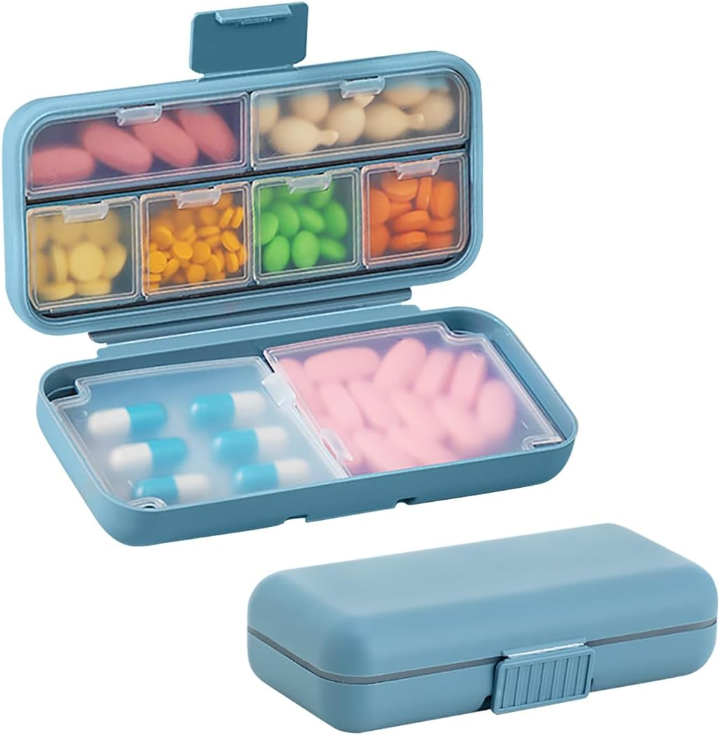 Daily Pill Organizer, BPA Free 8 Compartments Portable Travel Pill Case Foldable Pill Box for Medication, Vitamin, Fish Oil and Supplements, Blue image number 3