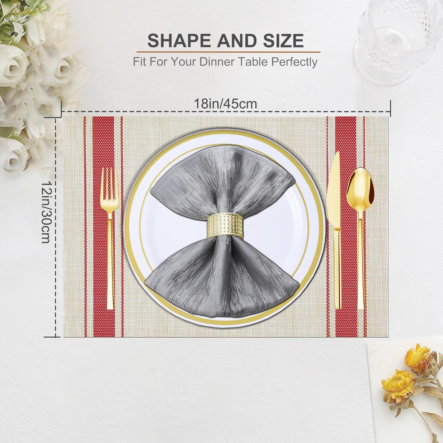 BETEAM Placemats Set of 6 Woven Vinyl Placemat for Dining Table Washable Wipeable Kitchen Place Mats Durable Indoor Outdoor Table Mats -02 Red, 6 Pcs - 02 Red image number 3