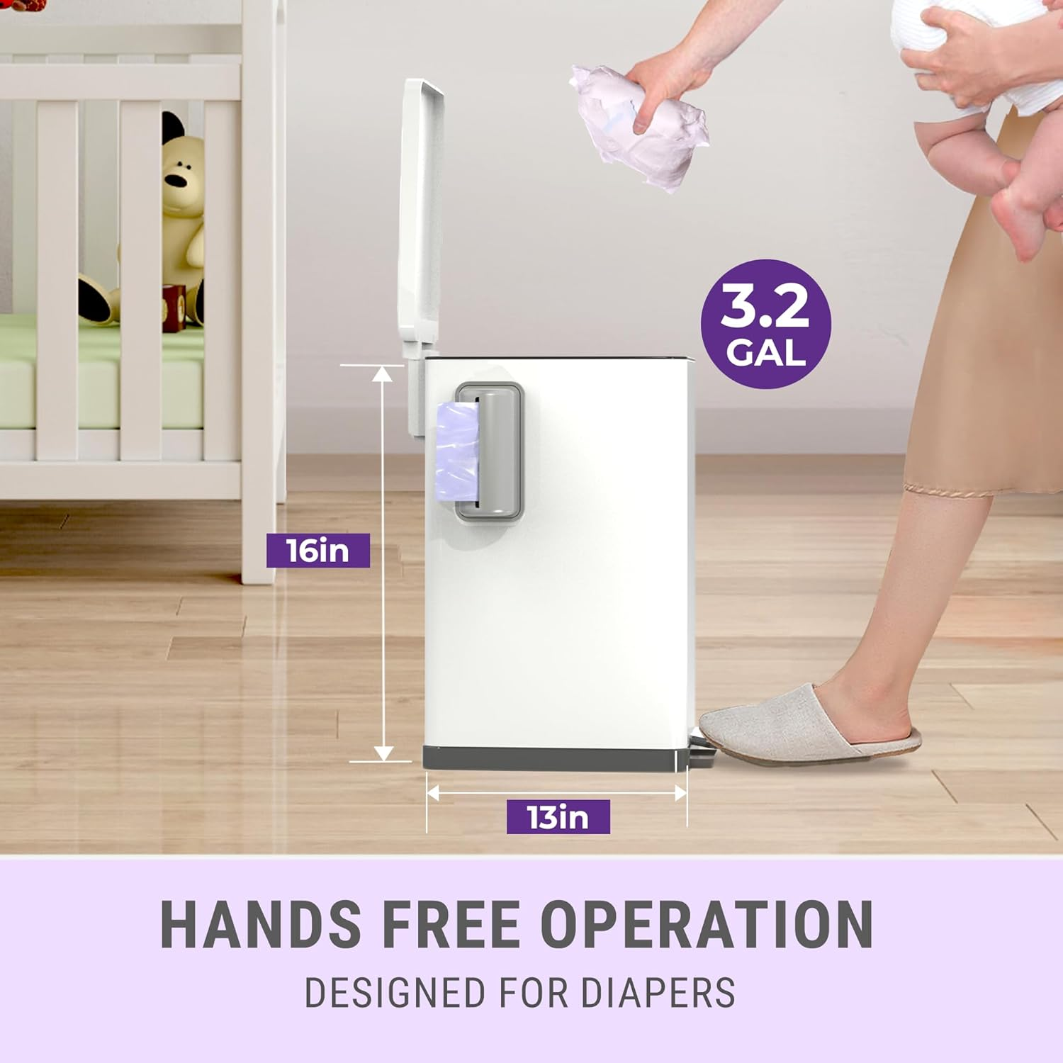 Sliq Baby Diaper Trash Can Odor Control, Small Diaper Pail, 3.2 Gal Baby Trash Can for Diapers, Disposal Bin for Nursery Garbage Pail, anti Odor Bin with 30 Lavender Scented Refills image number 1