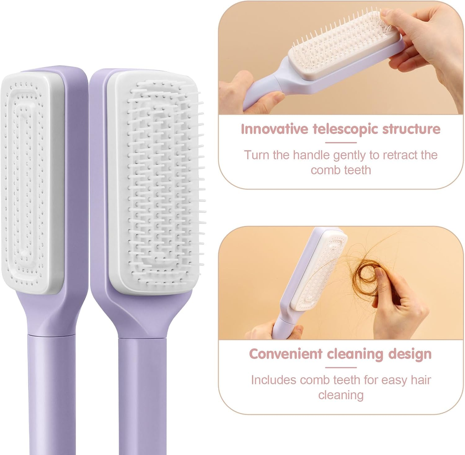 Self-Cleaning Hair Brush, One Click Cleaning Comb, Hair Brushes for Women, Air Massage Combs, Rotating Telescopic Comb, Easy to Comb and Clean, Suitable for All Hair Types (Purple) image number 2