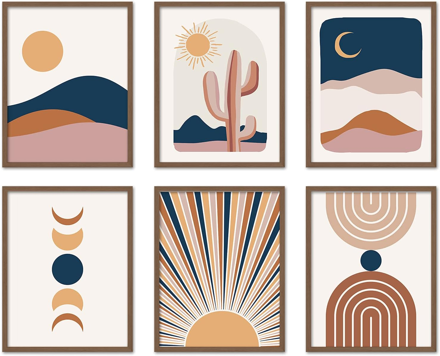 Boho Wall Art Prints Room Decor 8X10 Set of 6 Boho Posters, Mid Century Modern Prints for Wall Art, Sun Moon Desert Bedroom Decor