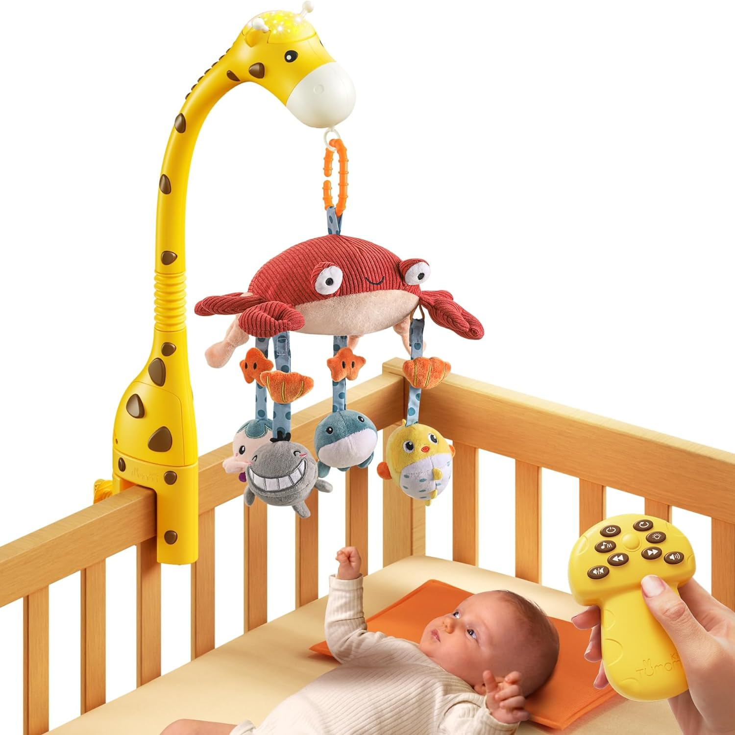 Tumama Baby 0-6 Month Cot Mobile Crib Toys Giraffe Musical Lights Remote Control with Mirror Soft Hanging Rattles Lullaby Rotating Projector Sleeping Auto Off,Mute Spin Motor Infant Newborn Gift image number 4