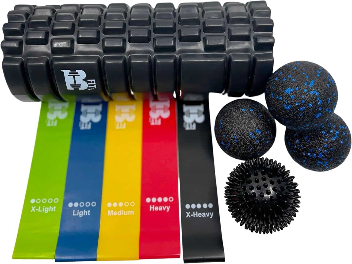 BFIT 9 in 1 Foam Roller Set Includes Massage Roller with 5 Loop Resistance Bands, Solid Massage Ball, Double Lacrosse Peanut and Spikey Trigger Point Ball for Pain, Legs, Yoga & Physical Therapy (Black)