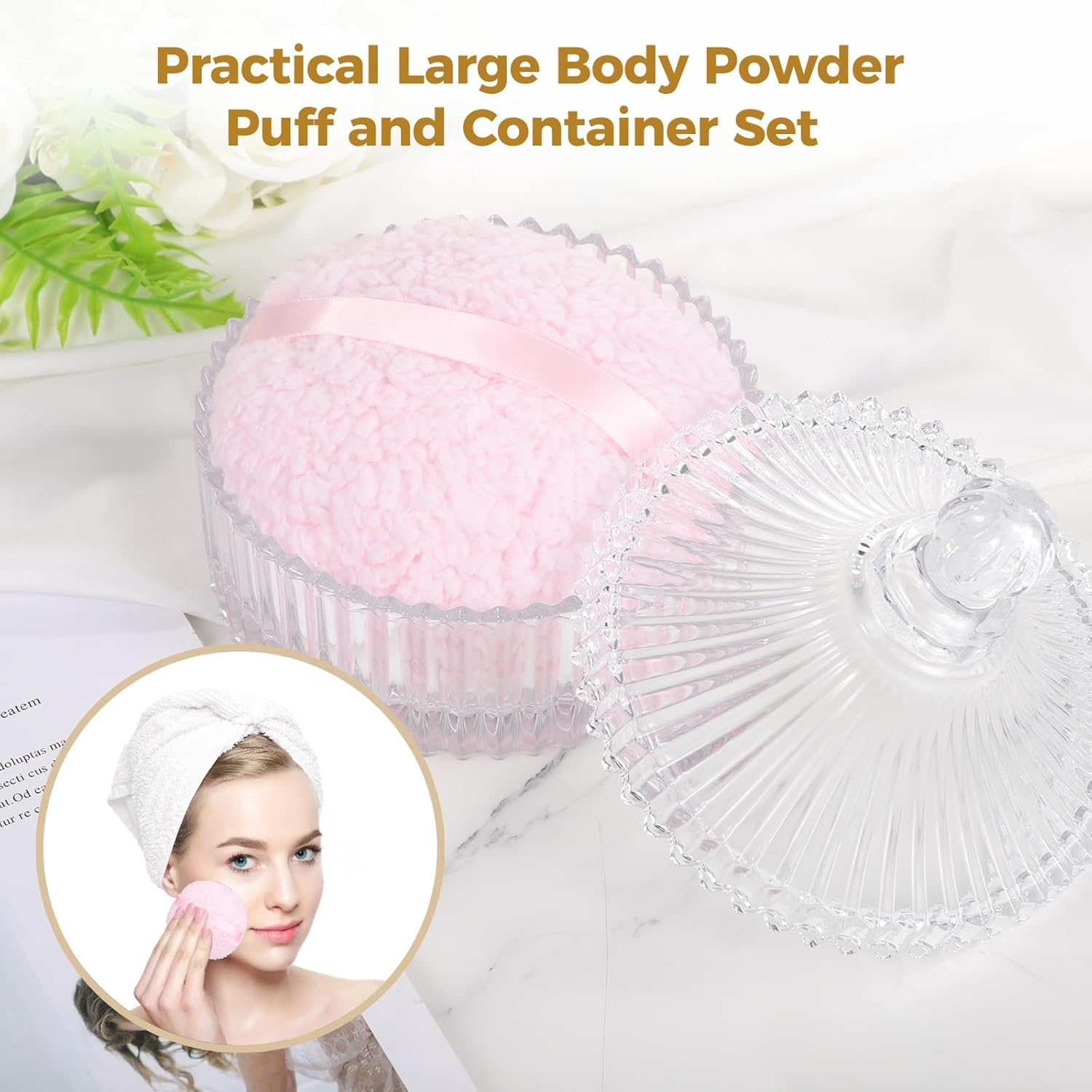 2 PCS Glass Powder Puff Container Set, Decorative Jars with Lid, Large Powder Puffs, Ideal for Adult Body Application image number 5