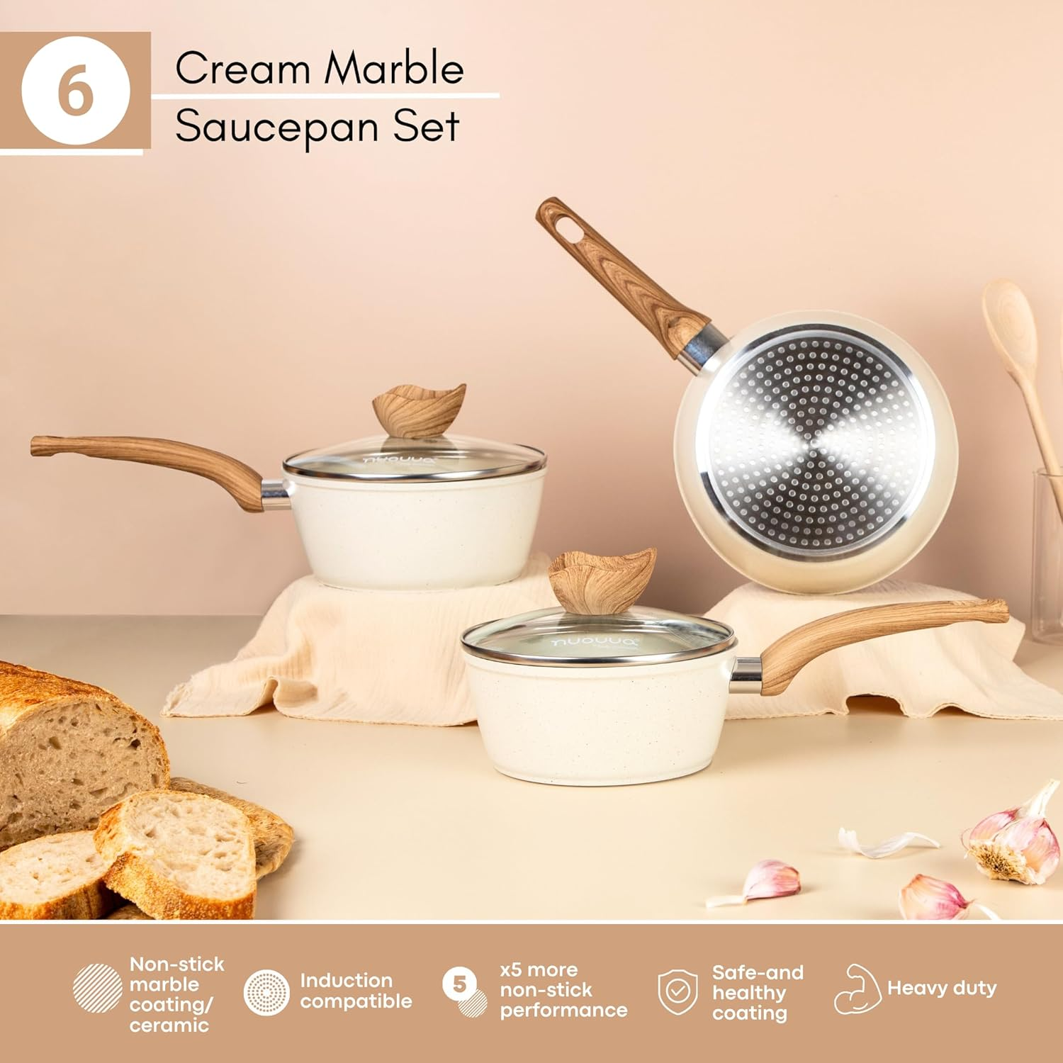 Non Stick Saucepan Set &ndash; Induction Saucepan with Lid &ndash; 3Pcs Cream Granite Sauce Pan &ndash; 16Cm, 18Cm, 20Cm Saucepot Set &ndash; by Nuovva image number 7