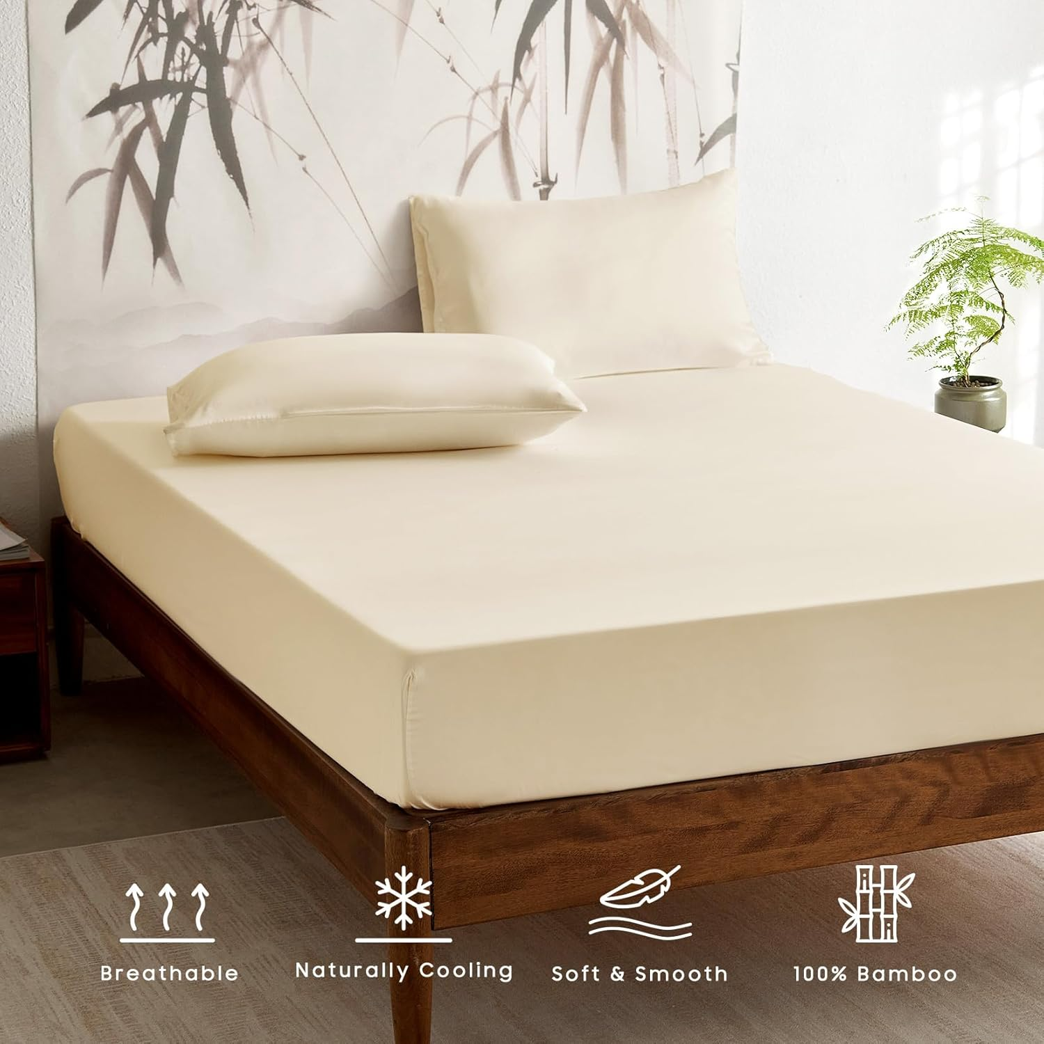 Wake in Cloud - 100% Bamboo Fitted Sheet Set, 3 Pieces, Cooling Breathable & Soft Bed Sheets, Hotel Luxury Silky Bedding, Extra Deep Fitted Sheet & 2 Pillowcases, Ivory, Queen Size image number 3