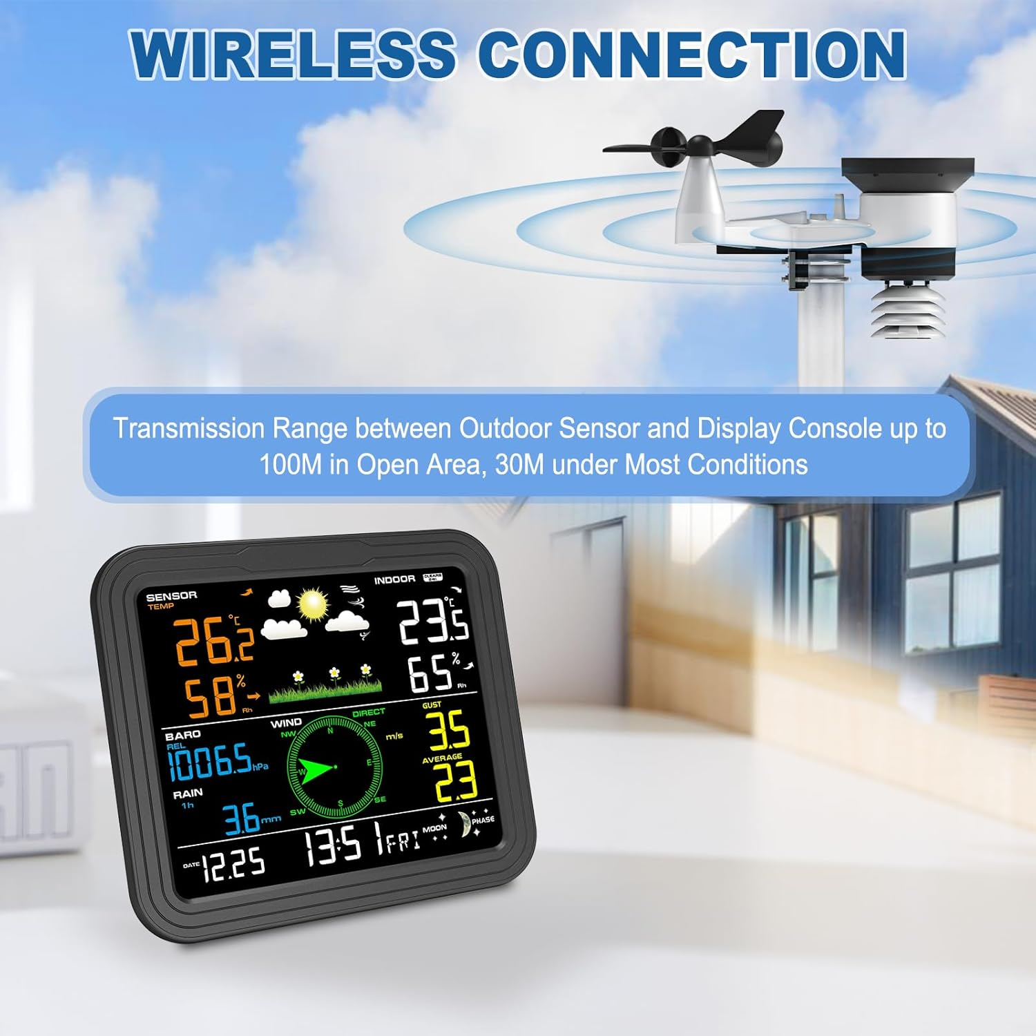 Urageuxy Weather Station Wireless Indoor Outdoor, Home Weather Stations with Rain Gauge, Wind Speed/Direction, Temperature, Humidity, Moon Phase, Weather Forecast, Barometer Pressure and Alarm Clock image number 6