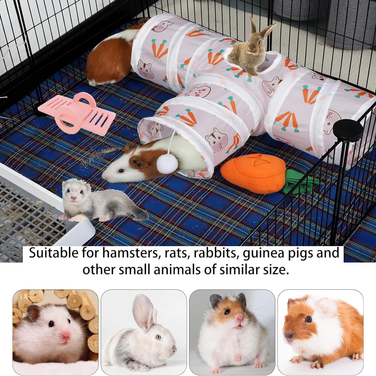 Guinea Pig Tunnel,Bunny Tunnel,Rabbit Tubes Collapsible 3Way Rabbit Toys Set Small Animal Hideout with Fun Toys for Hamster Rats Ferret Kitten Hedgehog Hiding and Resting