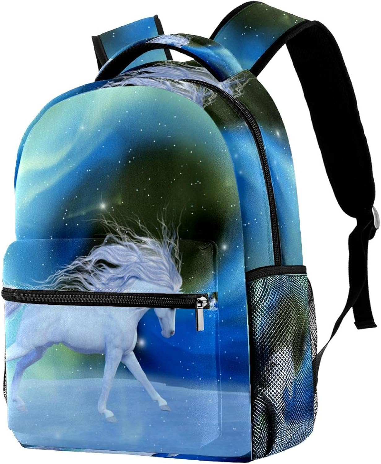A White Magical Unicorn Flying through the Universe Backpack Students Shoulder Bags Travel Bag College School Tote Backpacks