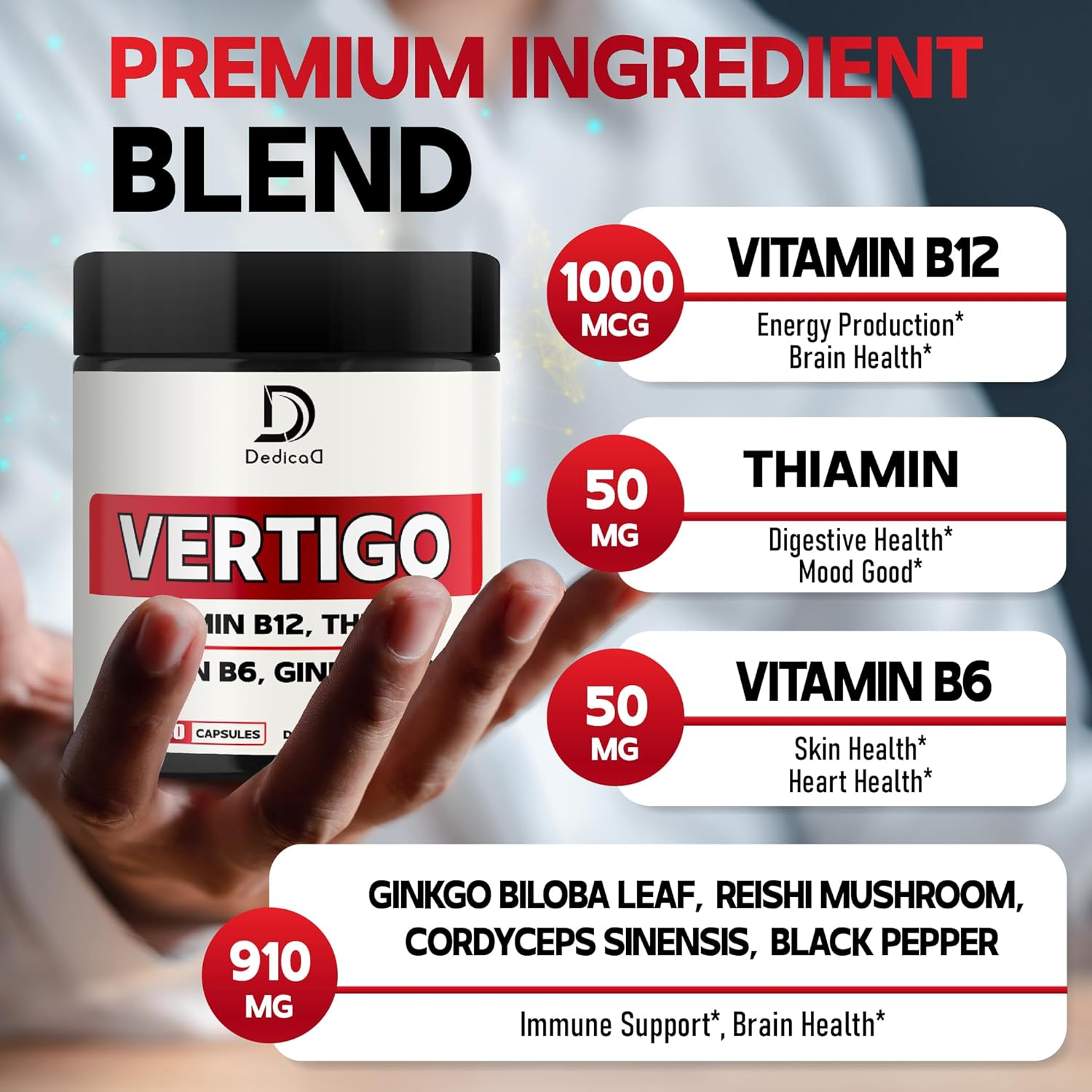 7In1 Vertigo Supplement 9200Mg Added Vitamin B1, Vitamin B6, Vitamin B12 (Methylcobalamin), Ginkgo Biloba & More - 60 Capsules for Brain, Heart & Immune Health image number 3