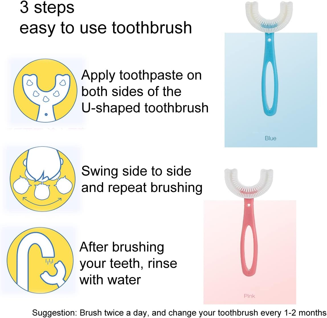 2 PCS U-Shaped Kids Toothbrush, Soft Manual Training Toothbrush for Kids 6-12 Years (Pink +Blue)