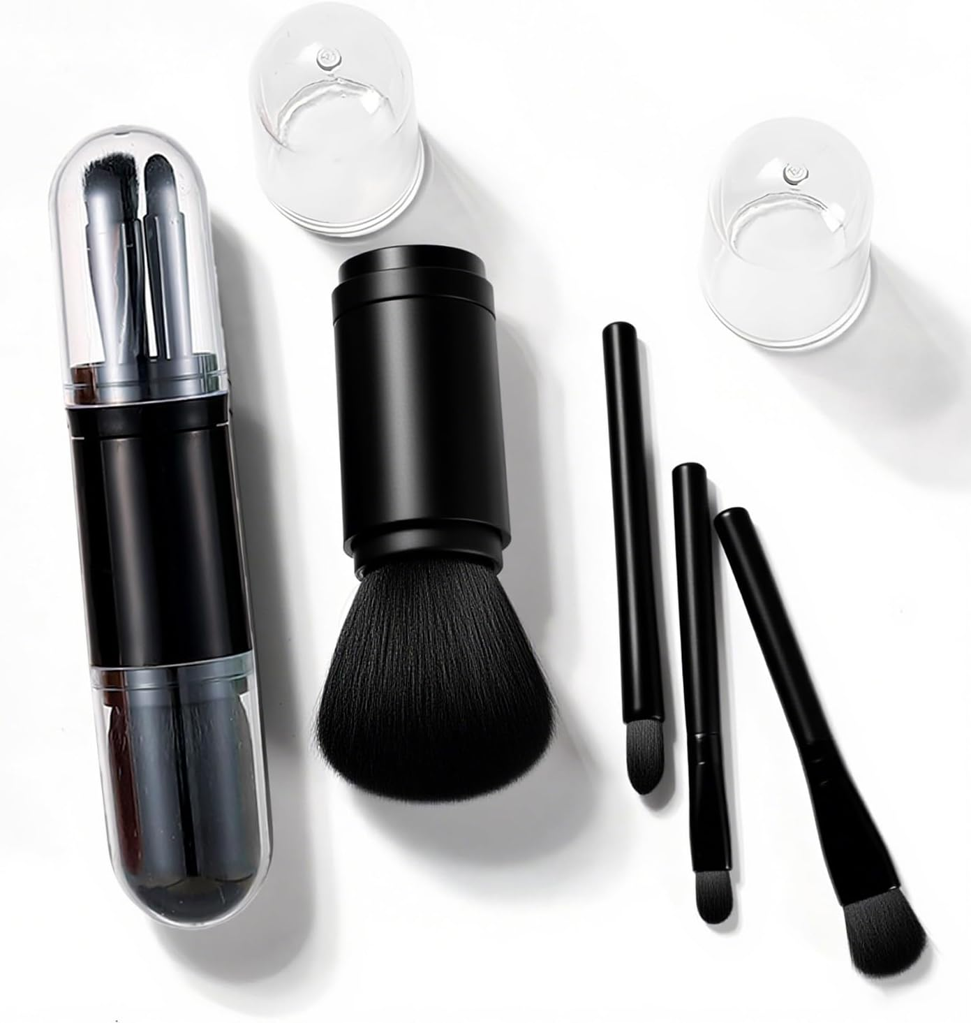 TORMEN 4-In-1 Retractable Makeup Brush Set &ndash; Portable Travel Cosmetic Brushes for Powder Eyeshadow Highlighter Lip(Black)