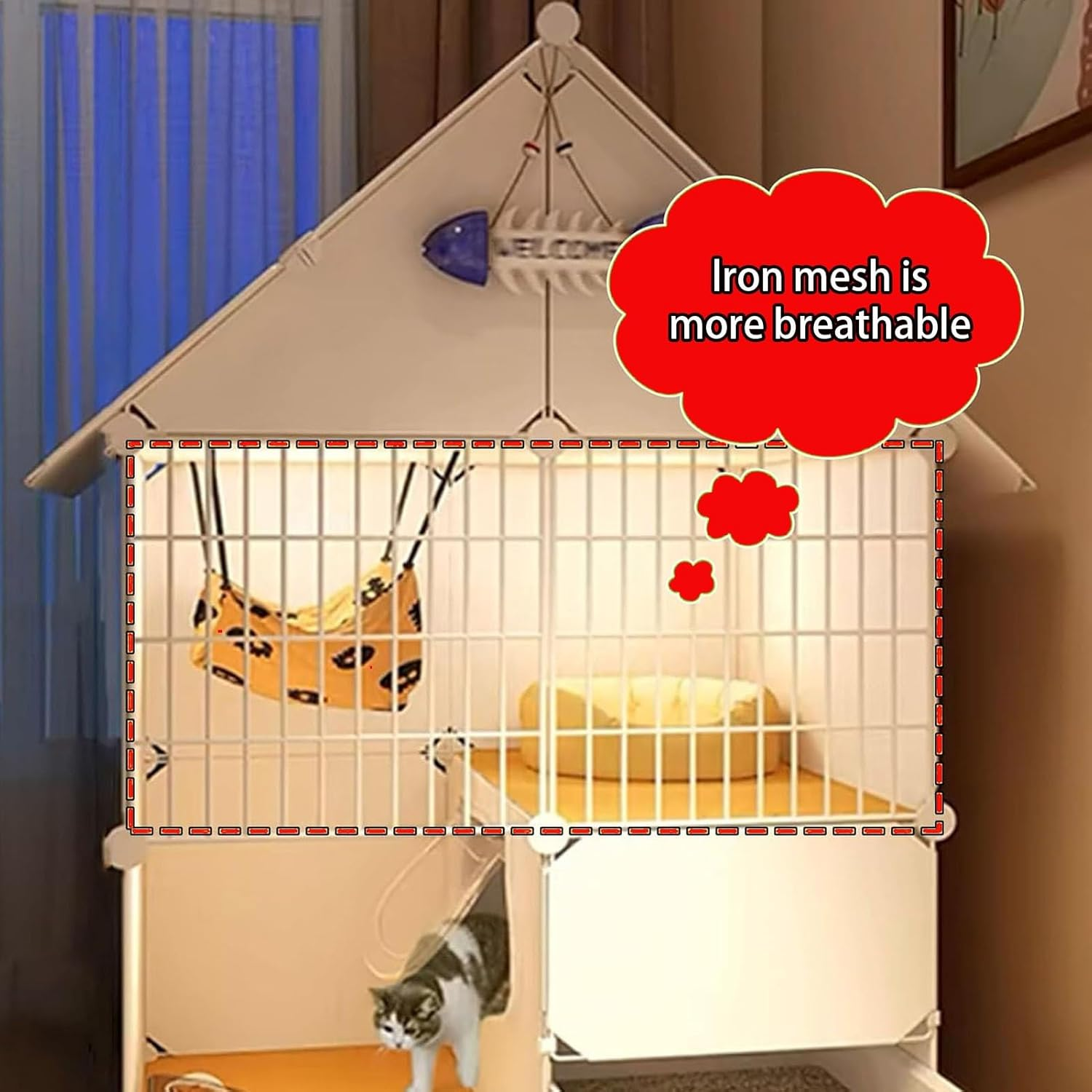 Cat Enclosures Indoor, DIY Cat Cage Detachable with Litter Box, Cats Plaype with Triangular Roof, 2-Tier Cute Cats House, Easy to Install(39Cm/15.4In) image number 3