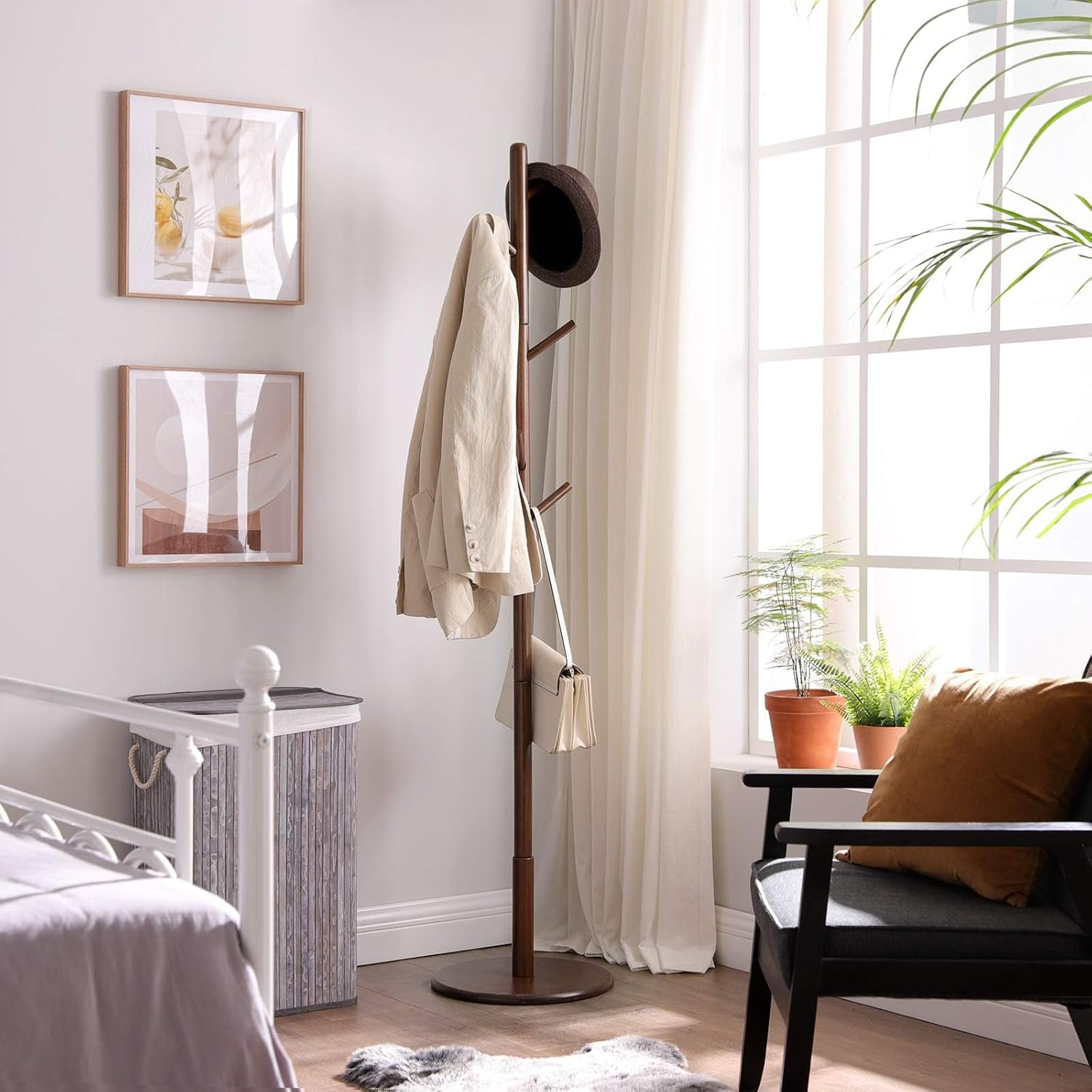 Joiena Wooden Coat Rack Tree with 8 Hooks, 3 Adjustable Sizes Free Standing, Solid Wood, Super Easy Assembly Hallway, Entryway Coat Hanger Stand for Clothes Suits (Wood)