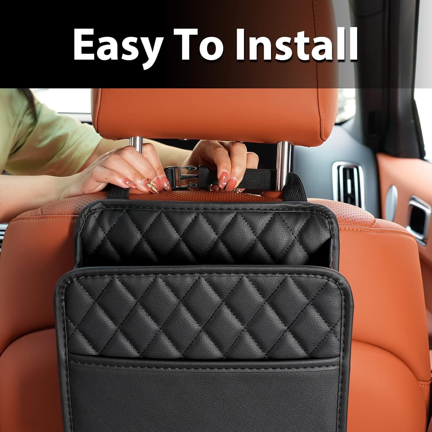 Car Seat Back Organizer, PU Leather Hanging Storage Bag for Suv/Truck &ndash; Waterproof, Easy to Clean, 9.96X9.84 Inch Multipurpose Organizer for Snacks, Phones, Baby Items & Trash (Black) image number 3