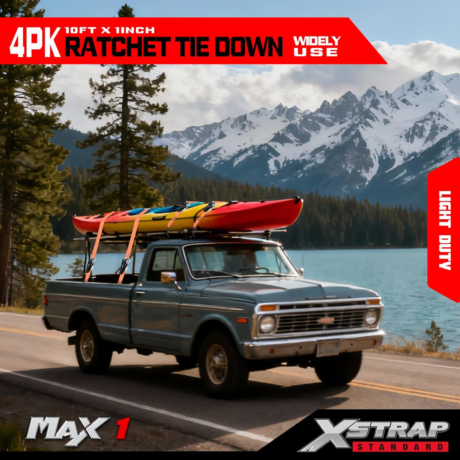 XSTRAP Standard Ratchet Tie down Straps 4PK 10 Ft- 300 Lbs Load Cap- 900 Lbs Break Strength-Cargo Straps for Moving Appliances, Lawn Equipment, Motorcycle Orange image number 1