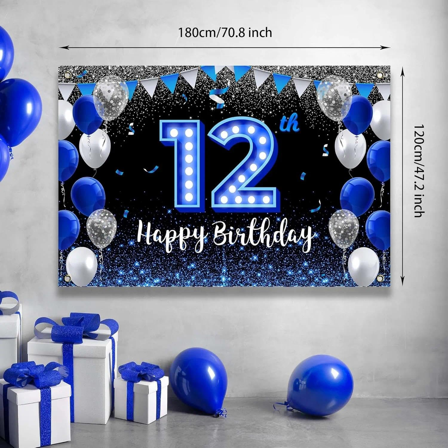 Happy 12Th Birthday Banner for Boys with Blue Neon Light Numbers, Large Party Backdrop Decor for Photo Booth and Wall, Reusable and Easy to Hang - Auroly image number 3
