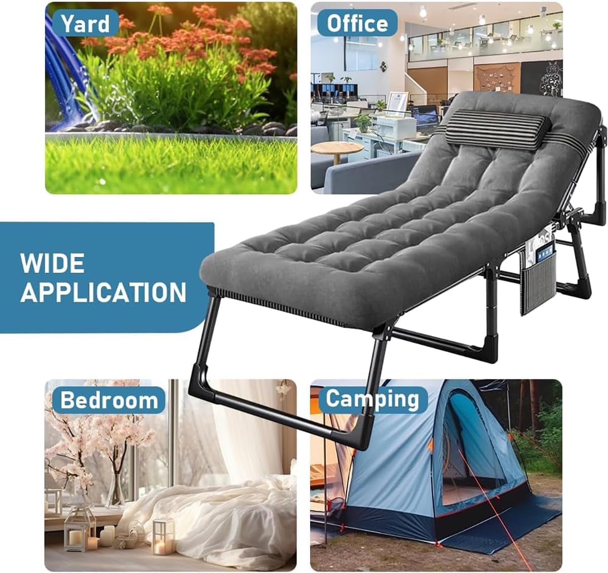 Adjustable Folding Bed with Mattress, Camping Cot Cushion and Pillow, Lightweight Convertible Lounge-Recliner, Sleeping Cot Outdoor Camping Bed for Camp, Travel, Beach, Patio, Office, Home Naps image number 5