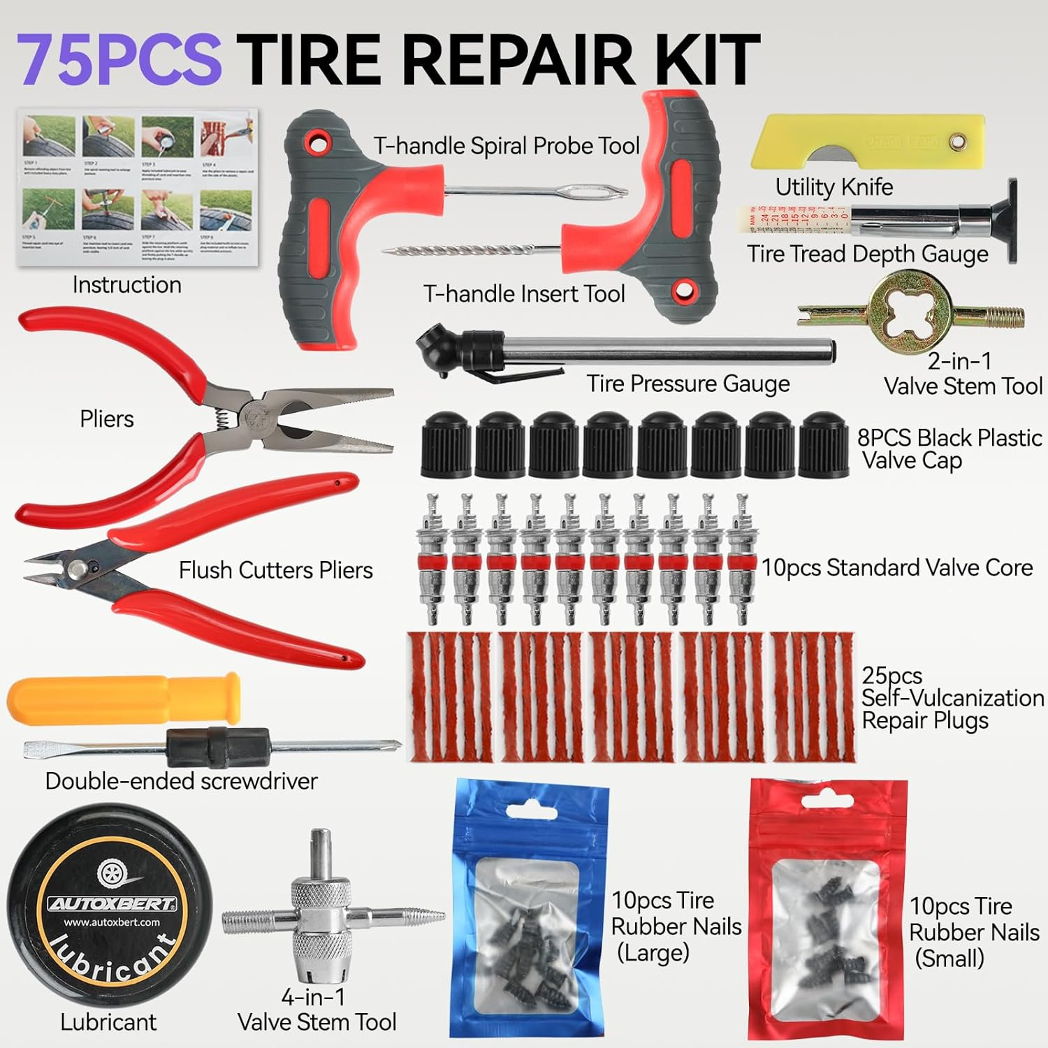 75Pcs Tyre Repair Kit Tubless Tire Repair Kit with Plugs Heavy Duty Car Emergency Tool Kit for Flat Tire Puncture Repair Car Tool Kit for Car Motorcycle Truck ATV SUV image number 4
