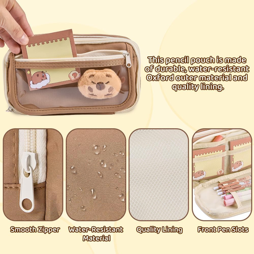 WOTOW Cute Capybara Pencil Case, Large Capacity 9-Compartment Pencil Pouch, Including Plush Brooch, Pendant, Sticker and Clips, Adorable School Supply Gift for Kids Teen Girls Boys Adults image number 6