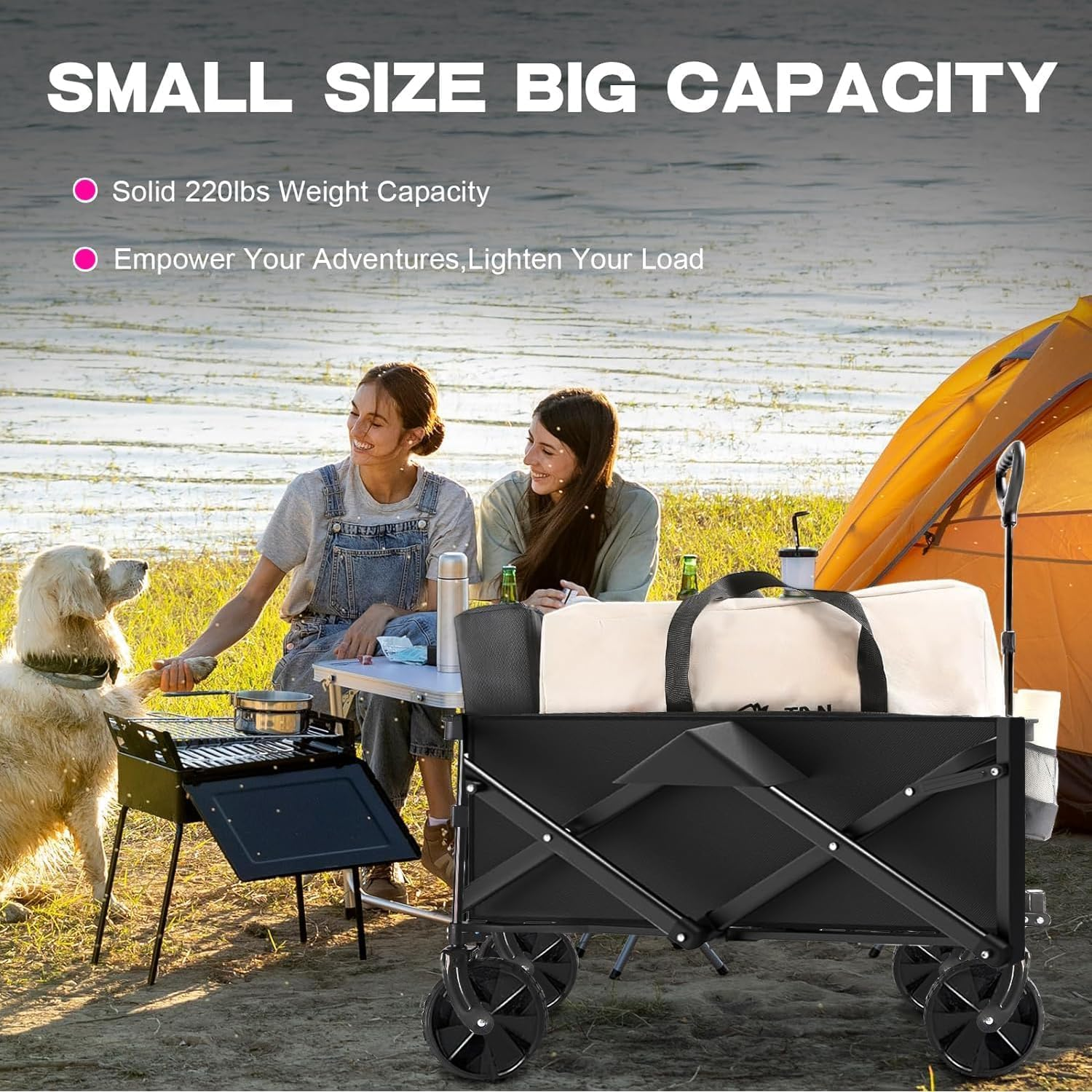 Fohouse Collapsible Folding Wagon, Portable Large Wagon Cart, Large Capacity Heavy Duty Wagon Cart with Wheels, Utility Grocery Wagon with Side Pocket and Brakes for Camping Garden Sports - Black image number 5