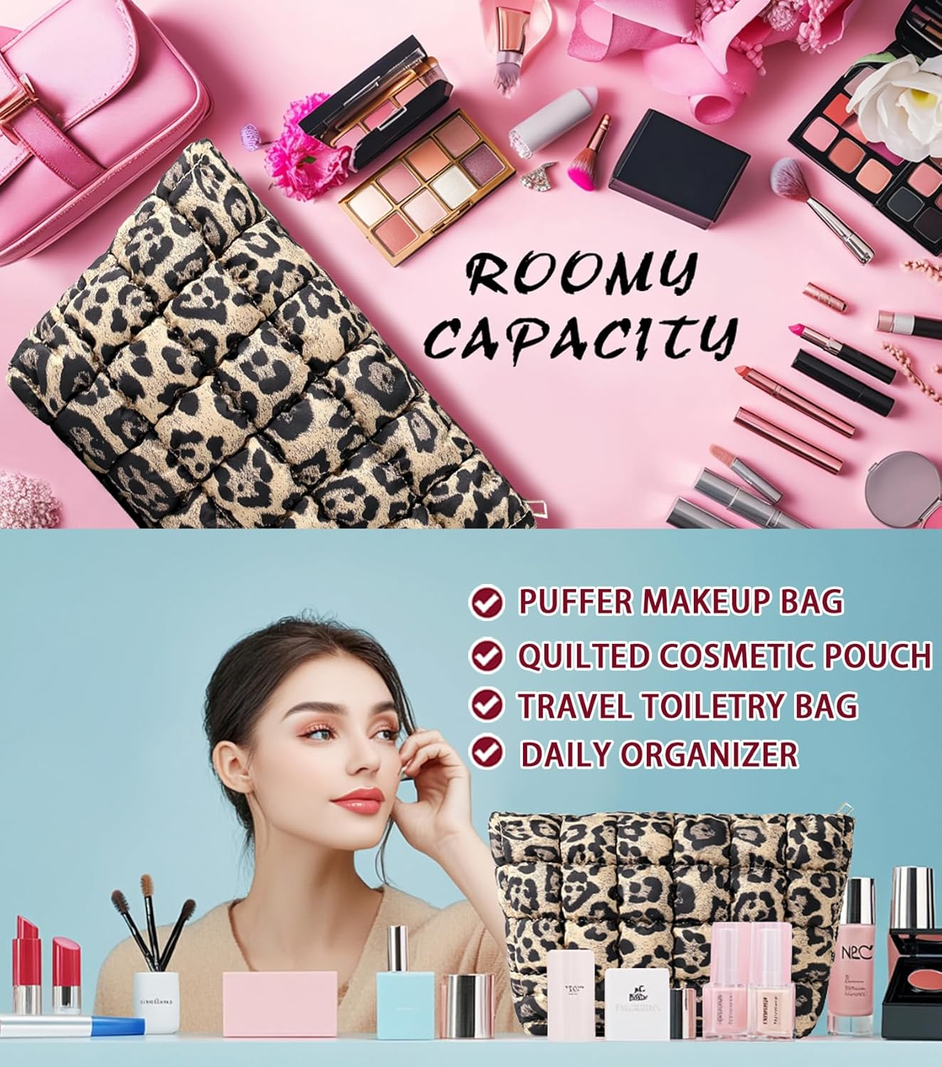 Puffy Quilted Makeup Bag, Travel Cosmetic Bag for Women, Toiletry Organizer Pouch, Clutch (Brown Leopard) - Blue image number 7