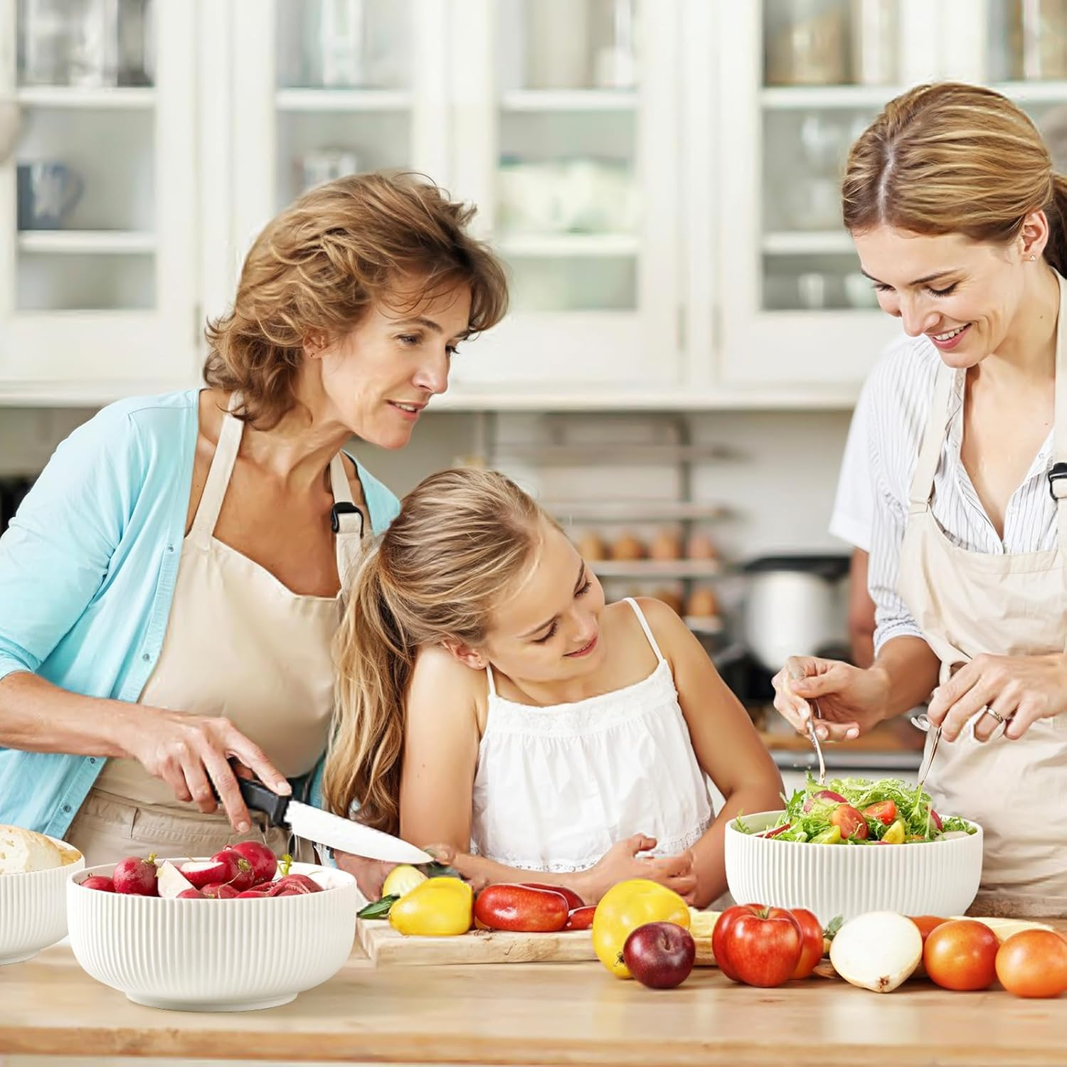 D&D EVA 2 Pack Salad Bowl, 8 Inch 60 Oz Large Serving Bowl Set, Deep Bowl for Kitchen, White Ceramic Bowl Set for Soup, Cereal, Ramen, Pasta, Salad, Dishwasher & Microwave Safe, Easy Clean image number 3