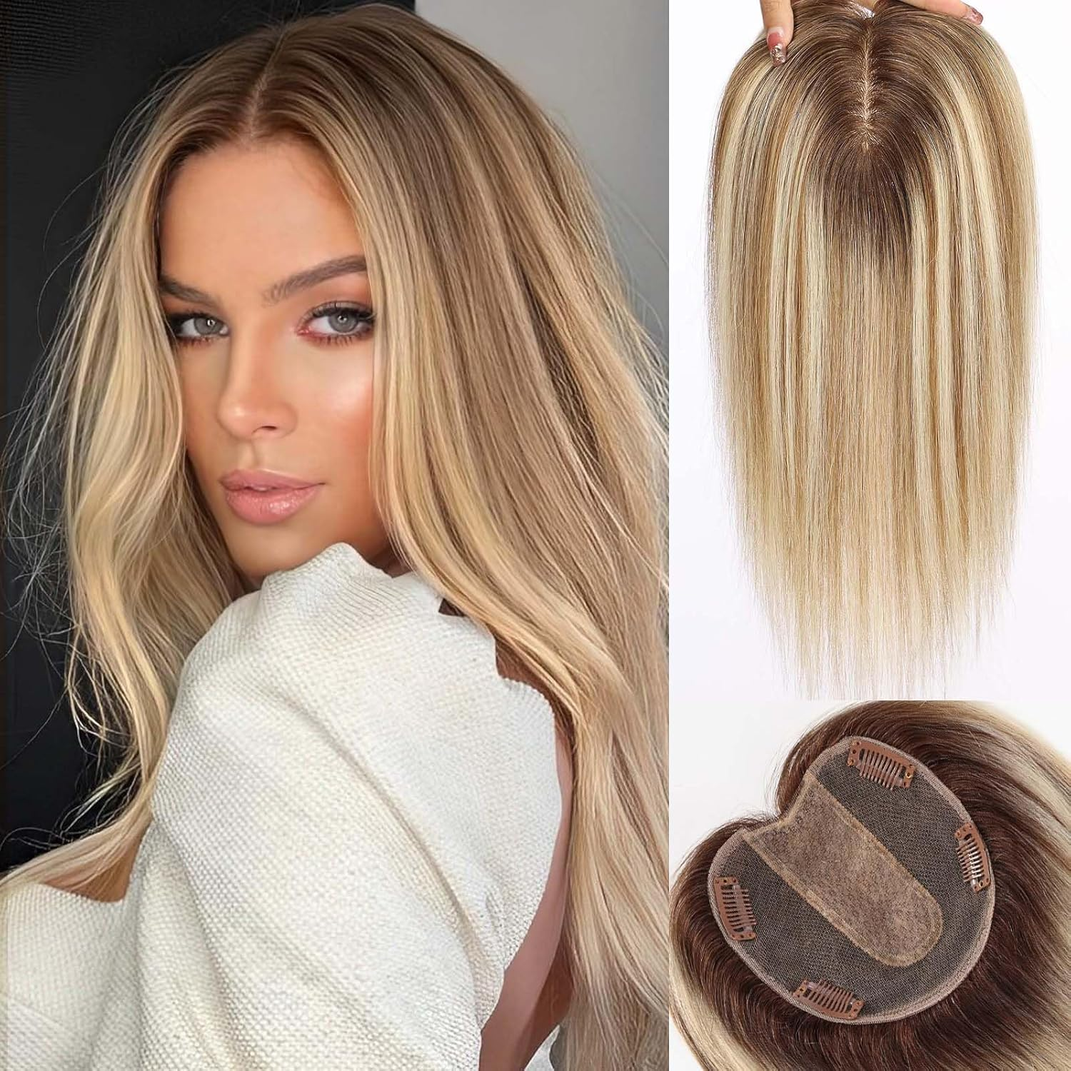 5X5 Inch Lage Silk Base 14 Inch Real Human Hair Toppers, 60G, 100% Real Hair Toppers for Women with Hair Loss (Brown Blonde Mixed with Dark Brown Roots, No Bangs)