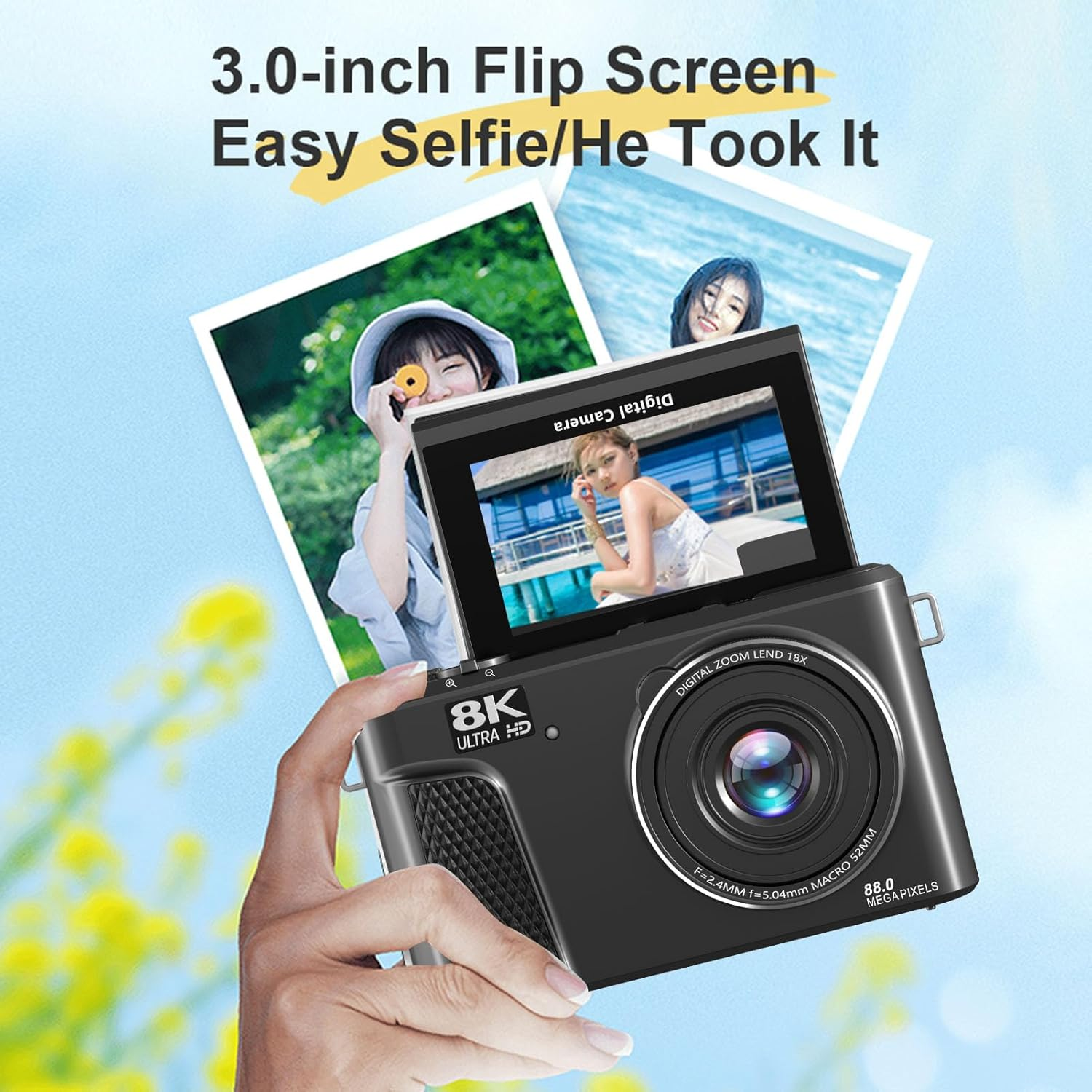 XUMIUZIY 8K Digital Camera, Auto Focus 88MP Cameras for Photography, 18X Zoom Wifi Vlogging Camera, 3 Inch Flip Screen, with Webcam Mode, Filter, Multiple Filters LED Fill Light (Black) - Pink image number 3