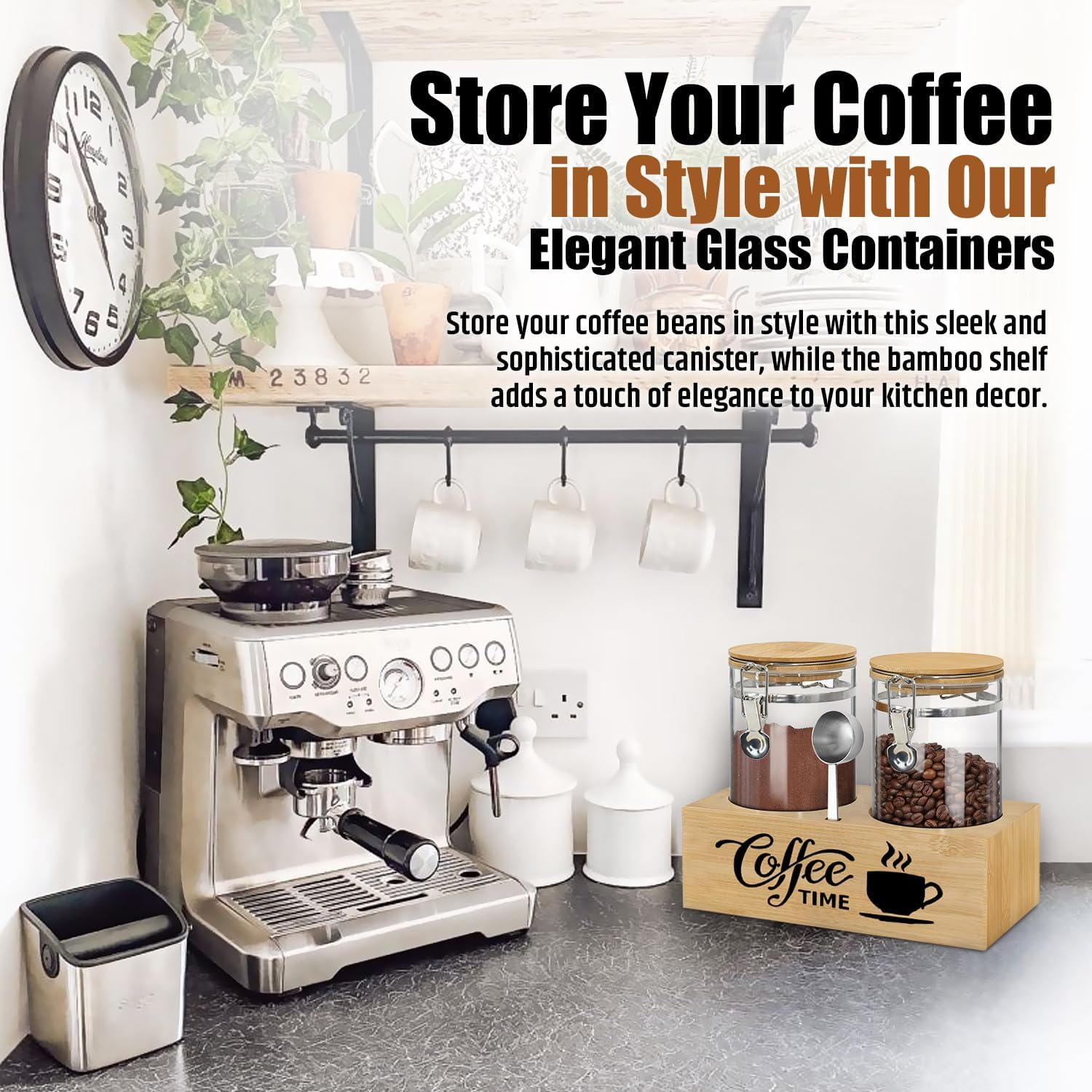 Generic Modern Elegant Coffee Canister Set - 2 X 1.5Kg Capacity, 33Cm L X 15Cm H - Glass & Bamboo, Airtight, Wire Clamp Closure - Perfect for Coffee & Dry Goods Storage