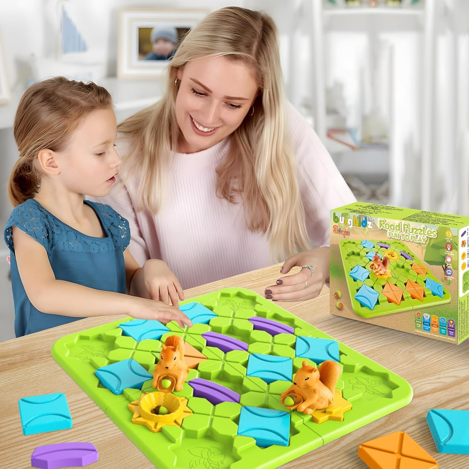 STEM Board Games Kids Toys, Maze Brain Teaser Puzzles Learning Games for Kids Ages 4-8, 118 Challenges, 5 Difficulty Levels, Squirrel Logic Track Building Blocks, Educational Montessori Birthday Gifts image number 1