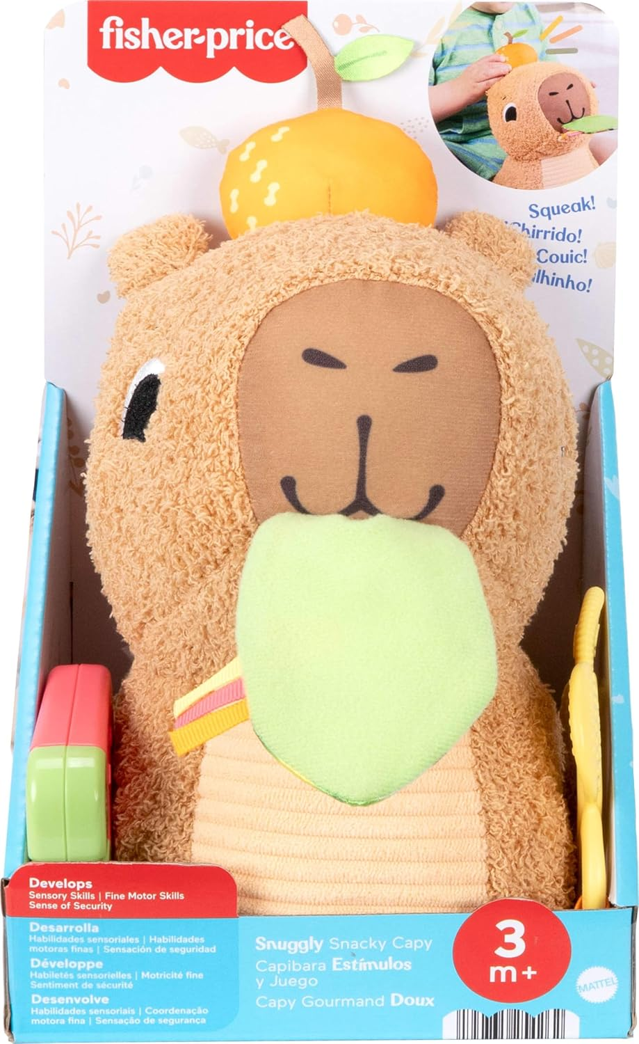 Fisher-Price Baby Sensory Toy Snuggly Snacky Capybara Plush with Newborn Teether & Rattle Activities for Infants Ages 3+ Months image number 5